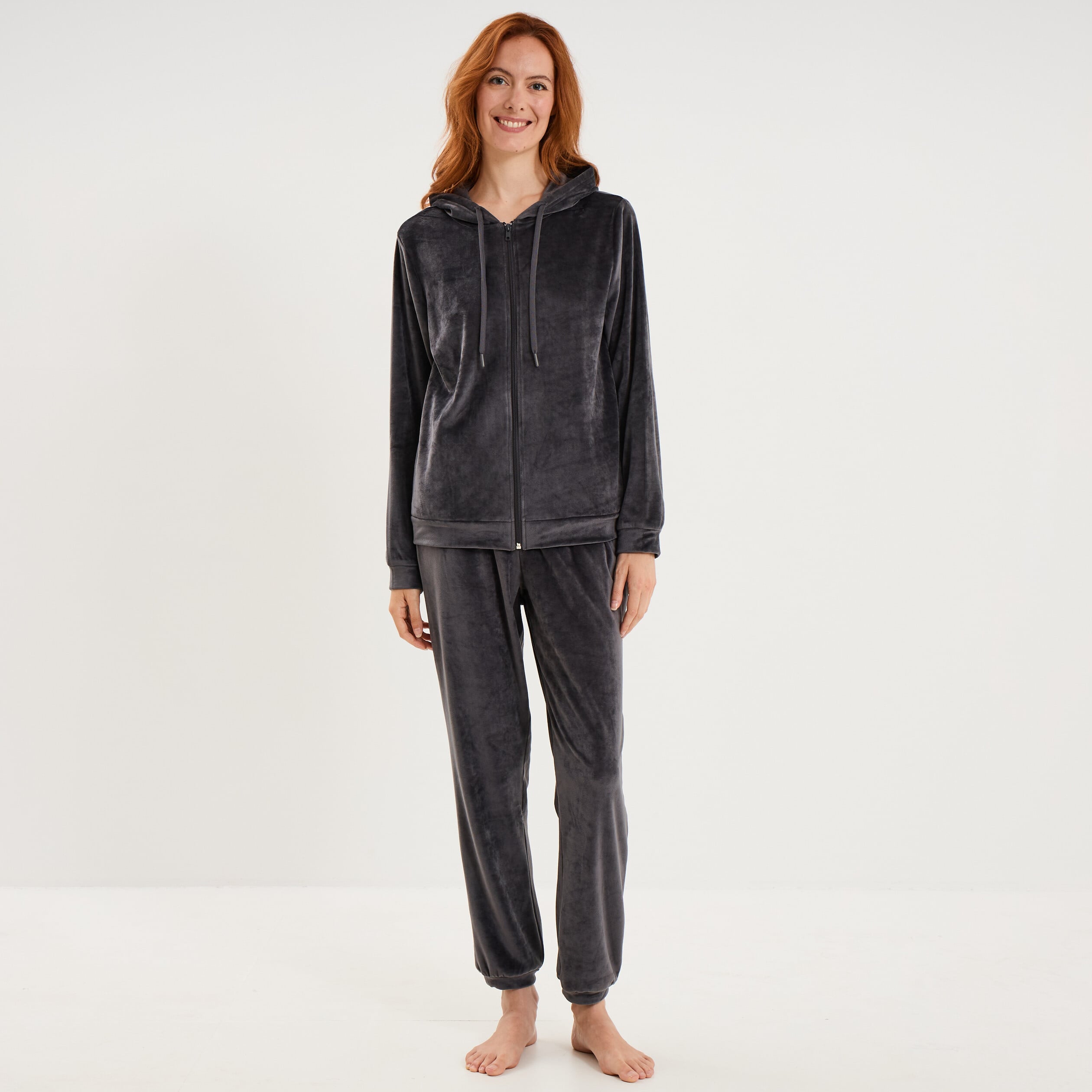 Ensemble pyjama sweat pantalon velours gris fonc&eacute; femme