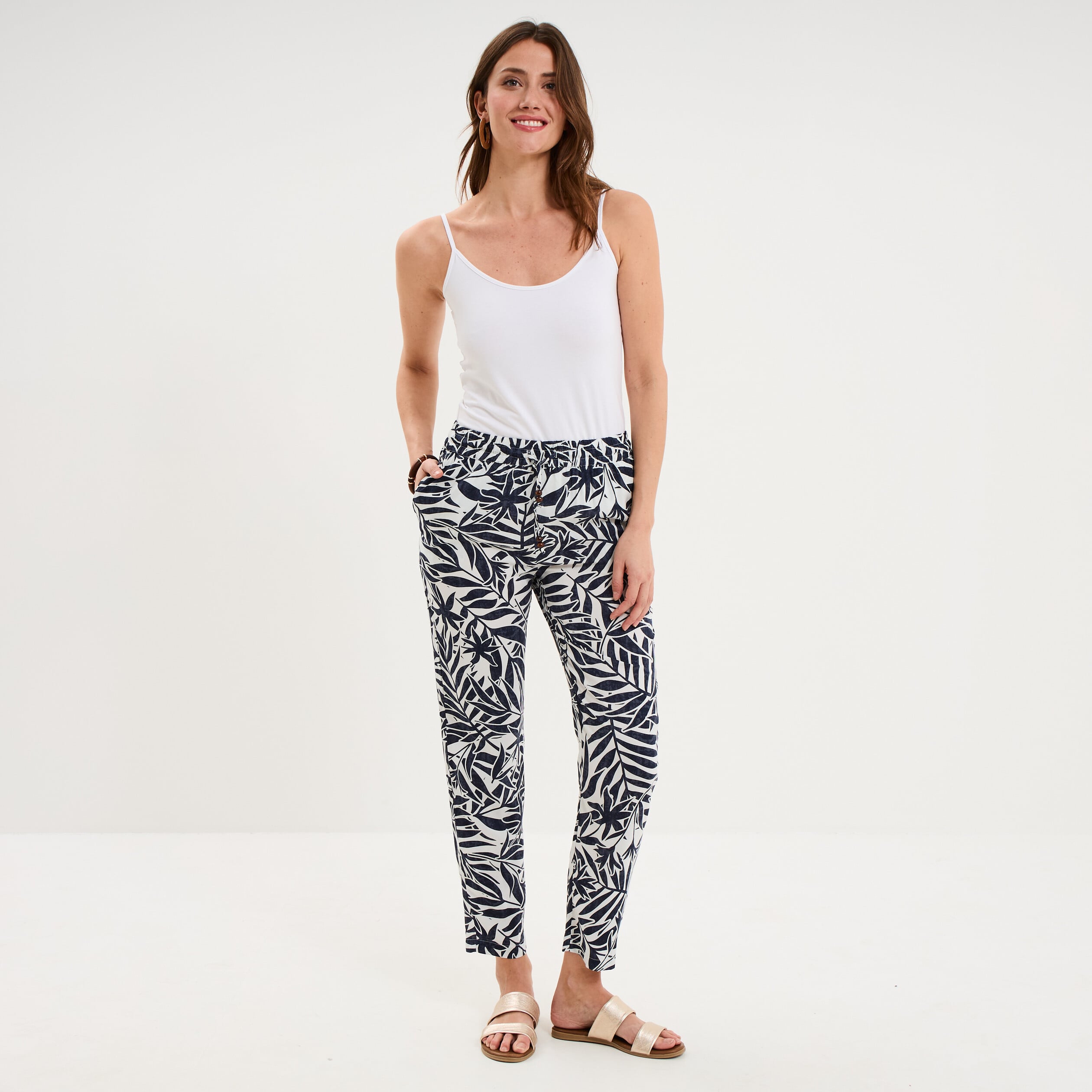 Pantalon cigarette fluide &agrave; ceinture ecru femme