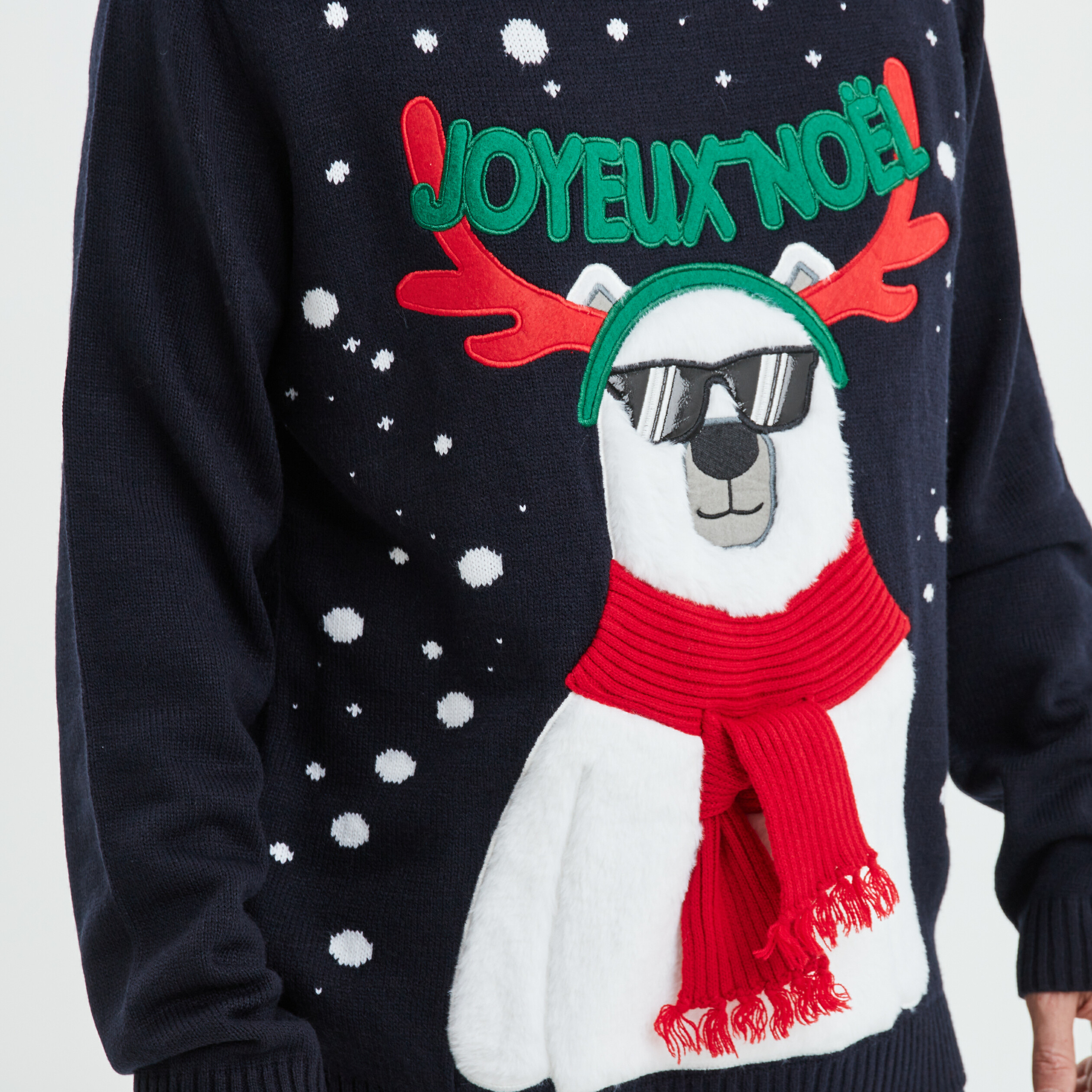 Pull de Noël détails fausse fourrure bleu marine homme