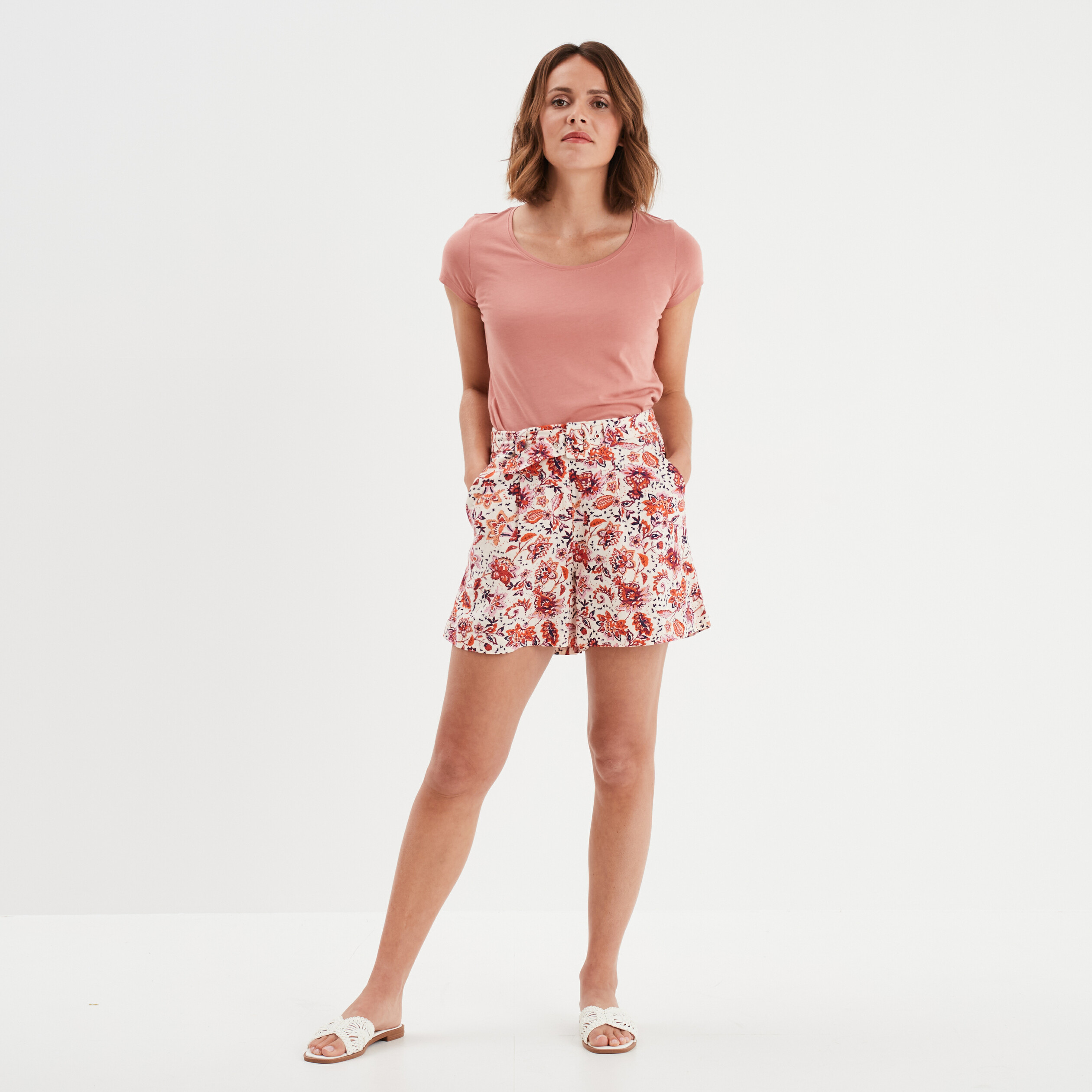 short droit ceinture melange lin ecru femme Short droit ceinturé mélange lin ecru femme