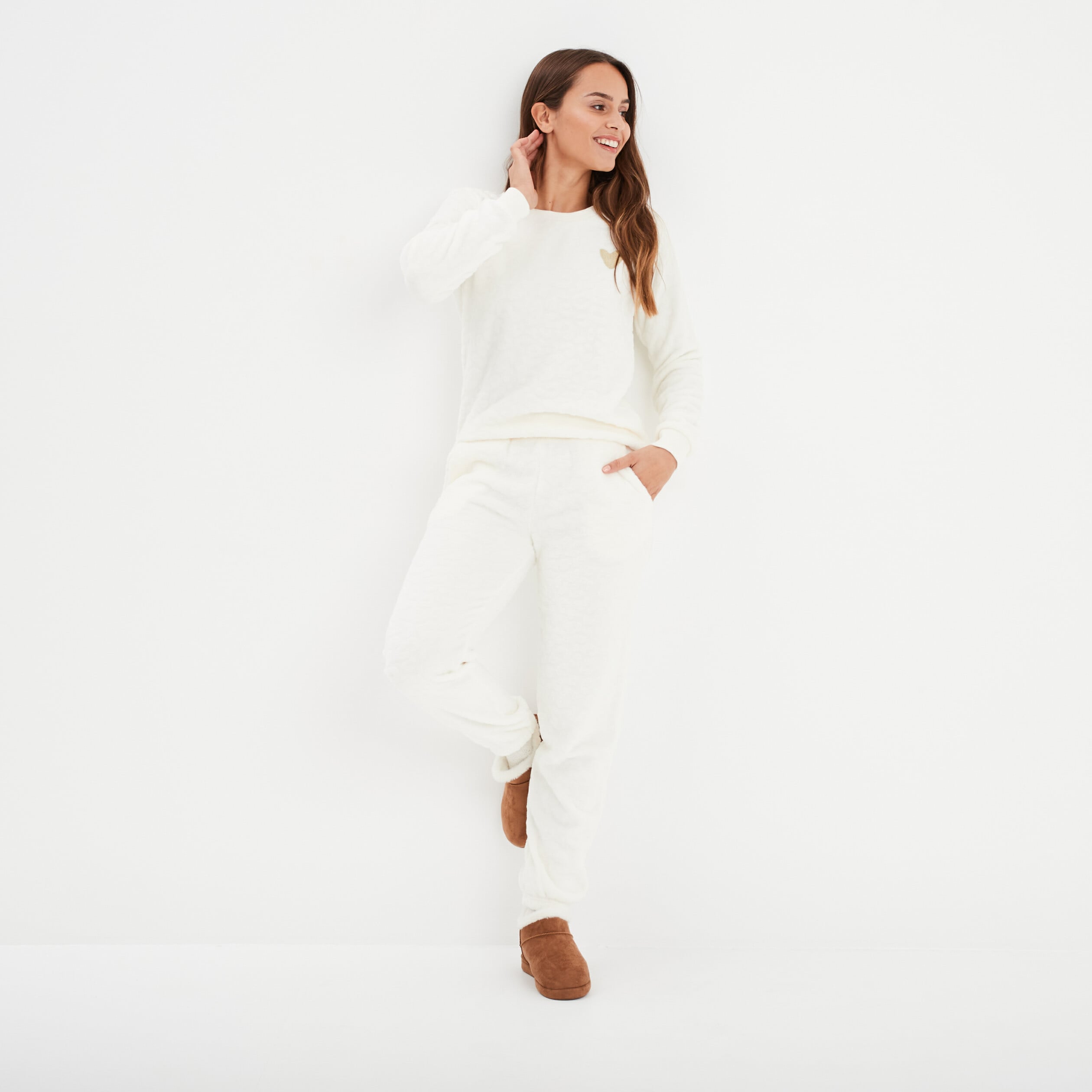 Ensemble pyjama effet polaire col rond blanc femme