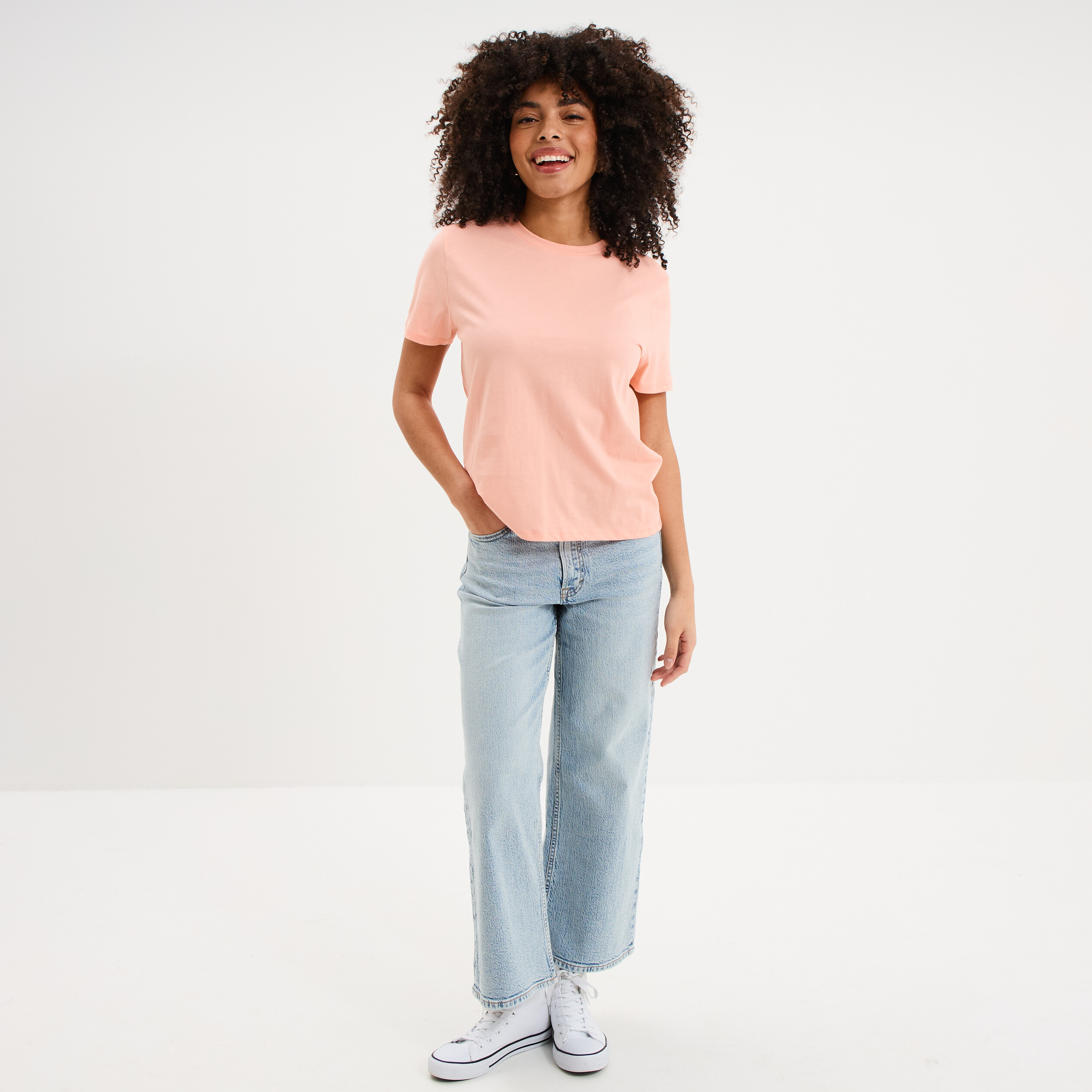 T-shirt col rond manches courtes coton rose poudr&eacute;e femme