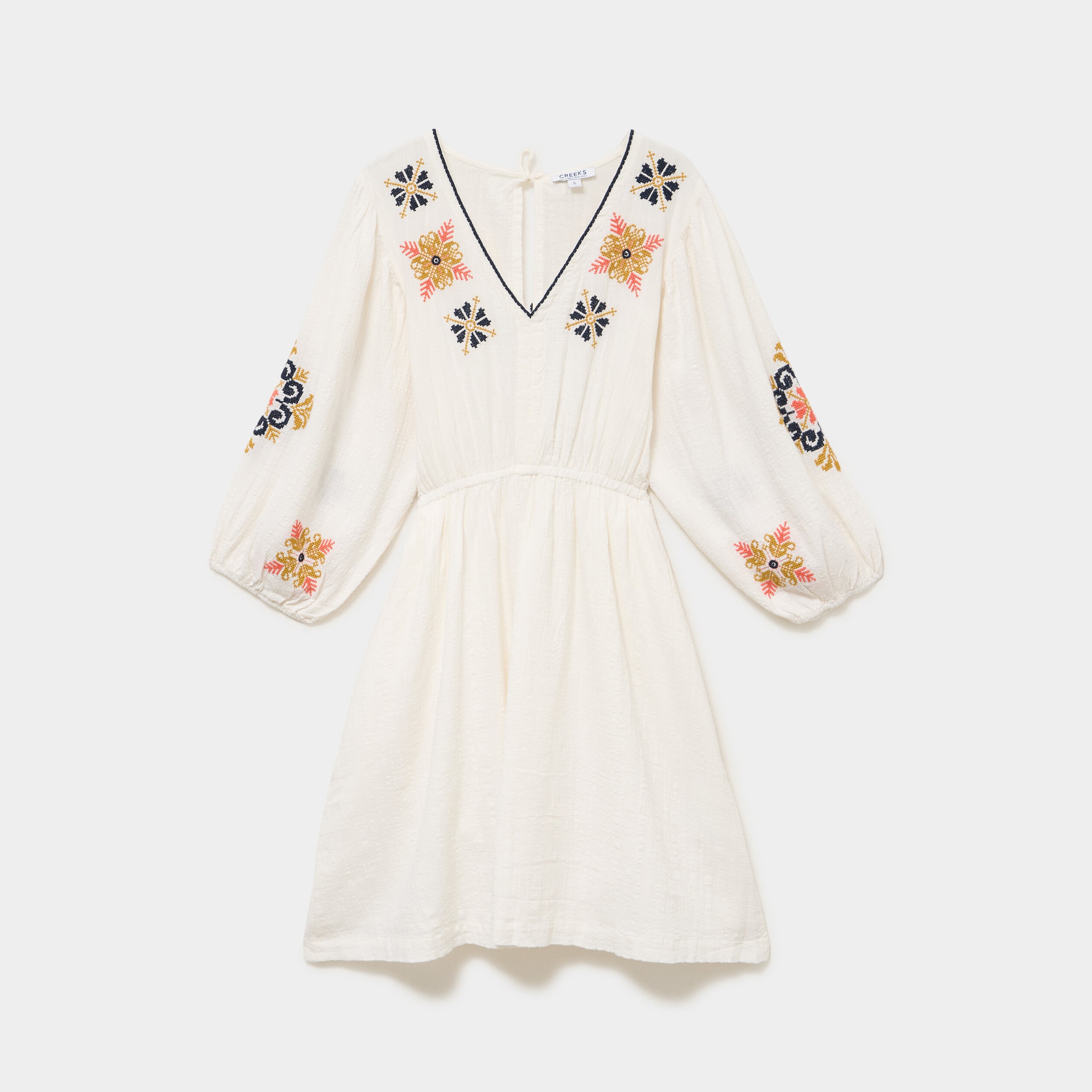 Robe courte brod&eacute;e taille &eacute;lastiqu&eacute;e ecru femme