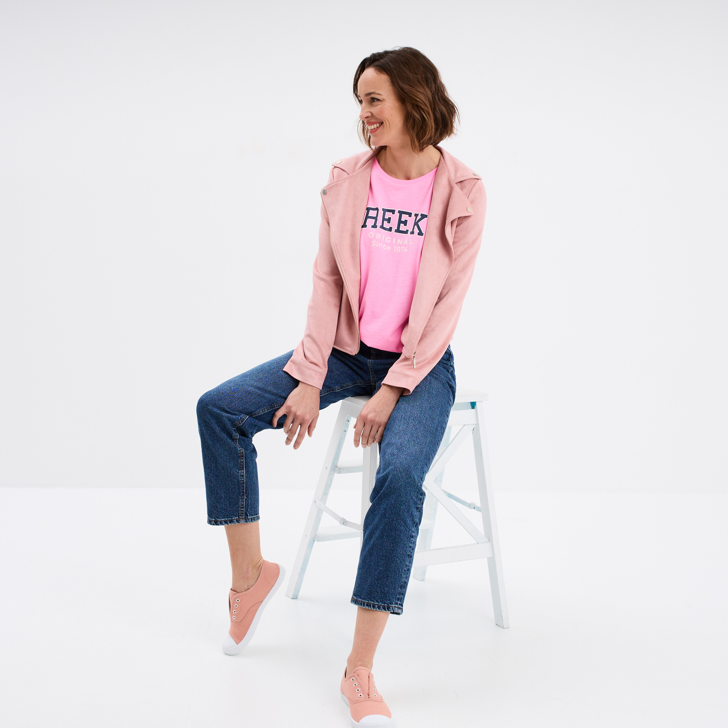 T-shirt col rond manches courtes rose fluo femme