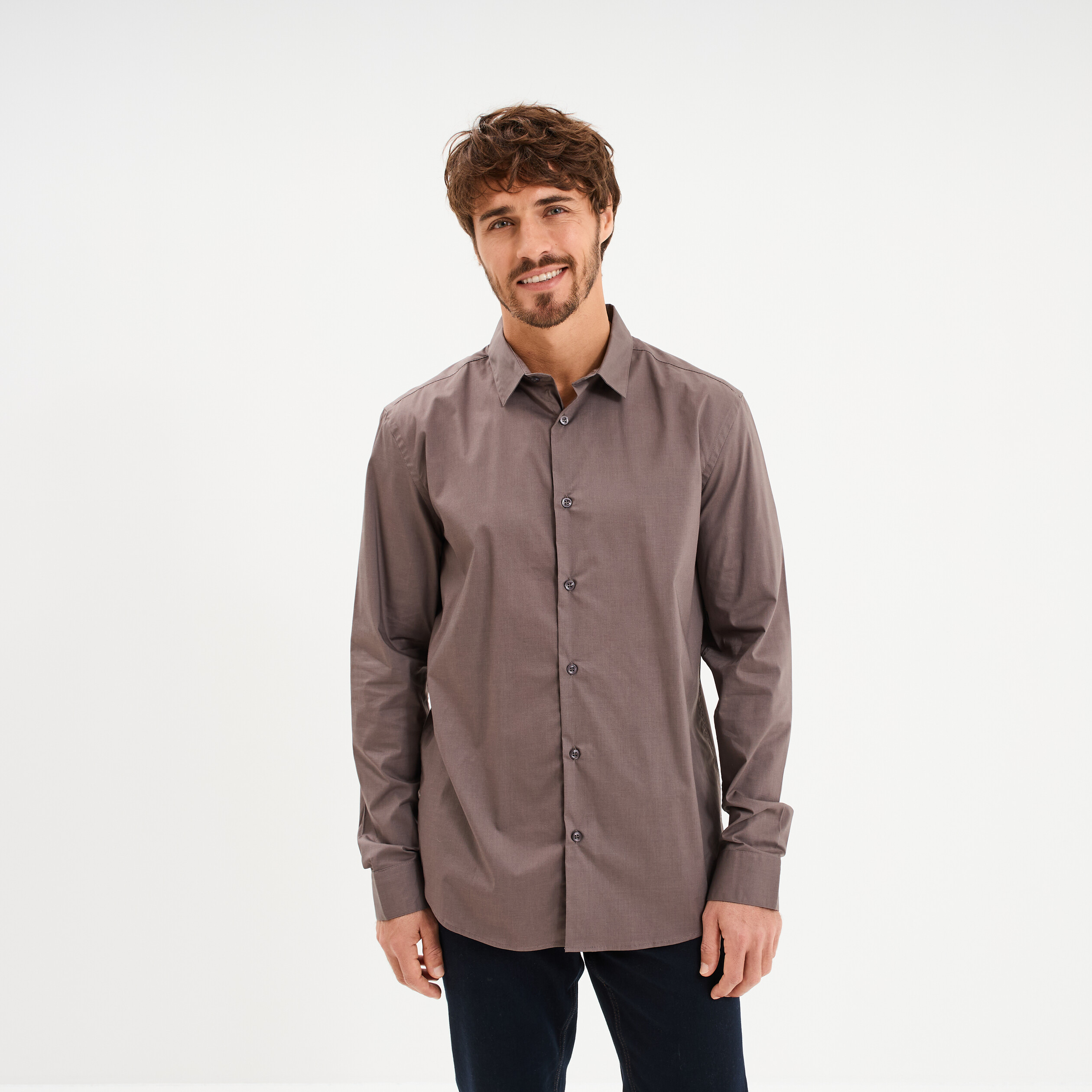 Chemise stretch manches longues gris fonc&eacute; homme