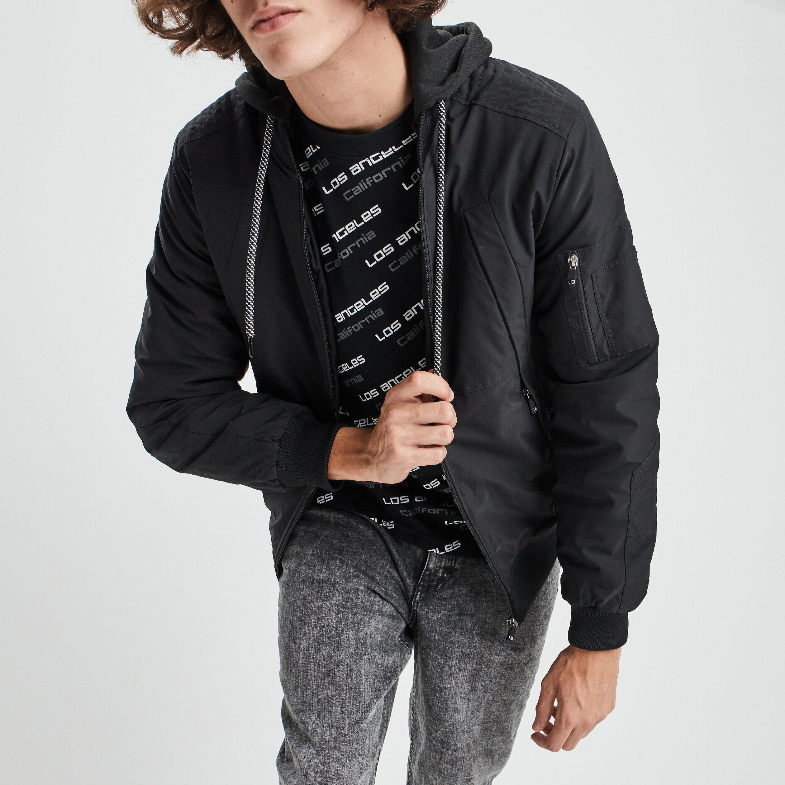 blouson a capuche esprit bombers noir homme Blouson à capuche esprit bombers noir homme