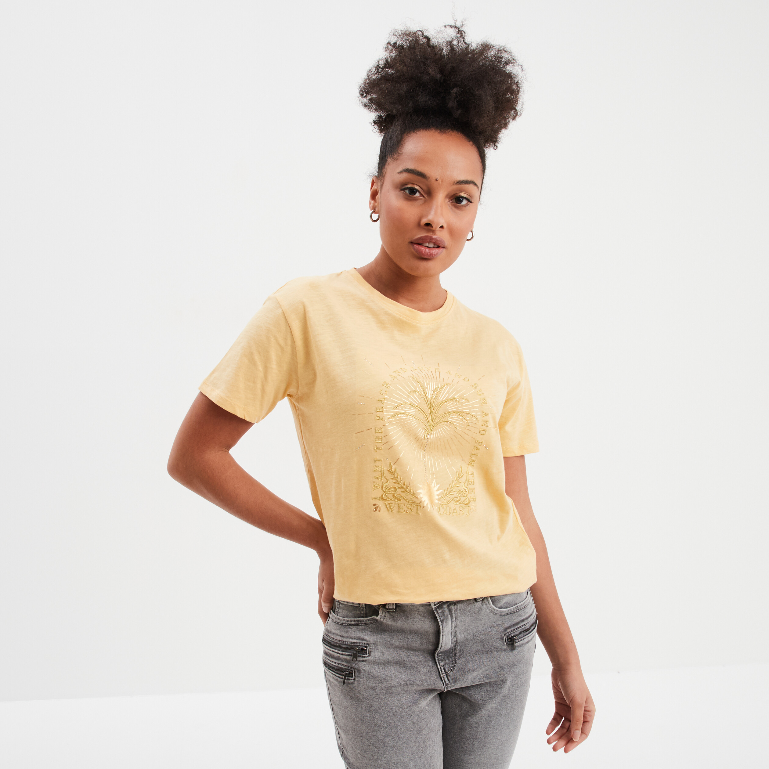 t shirt droit manches courtes col rond jaune clair femme T-shirt droit manches courtes col rond jaune clair femme
