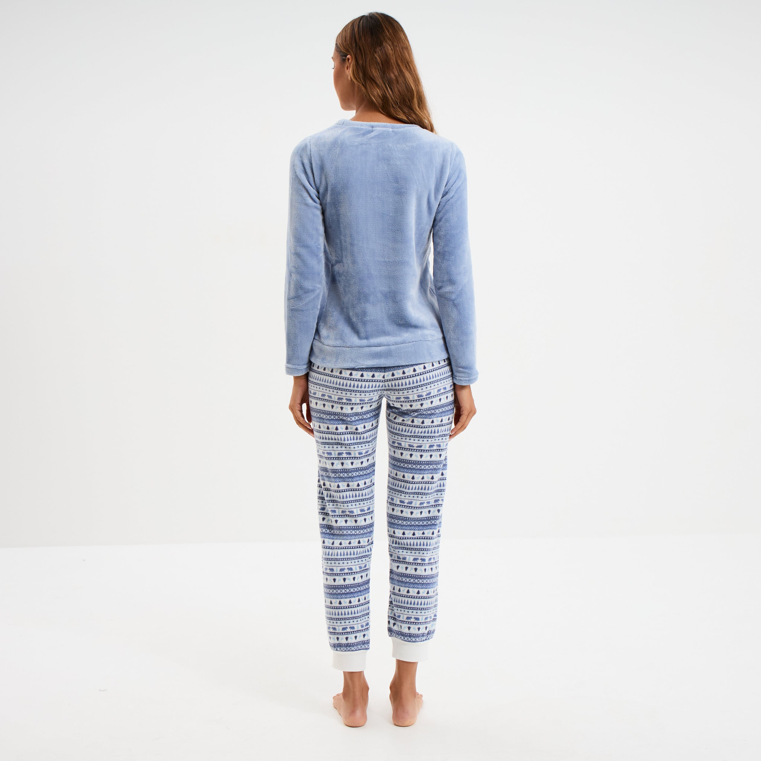 Ensemble pyjama pantalon effet velours bleu clair femme