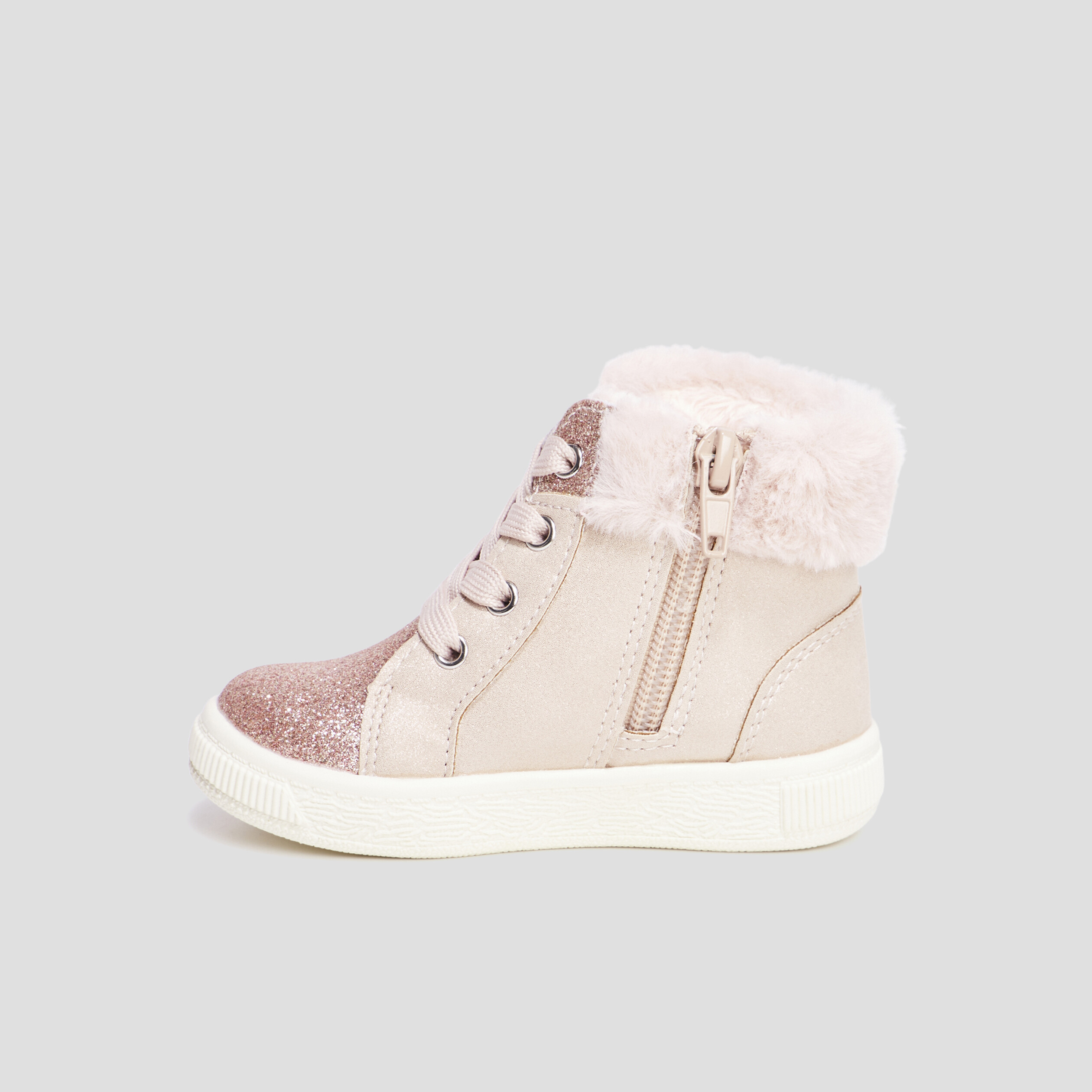Baskets montantes fourrure et paillettes rose b b fille
