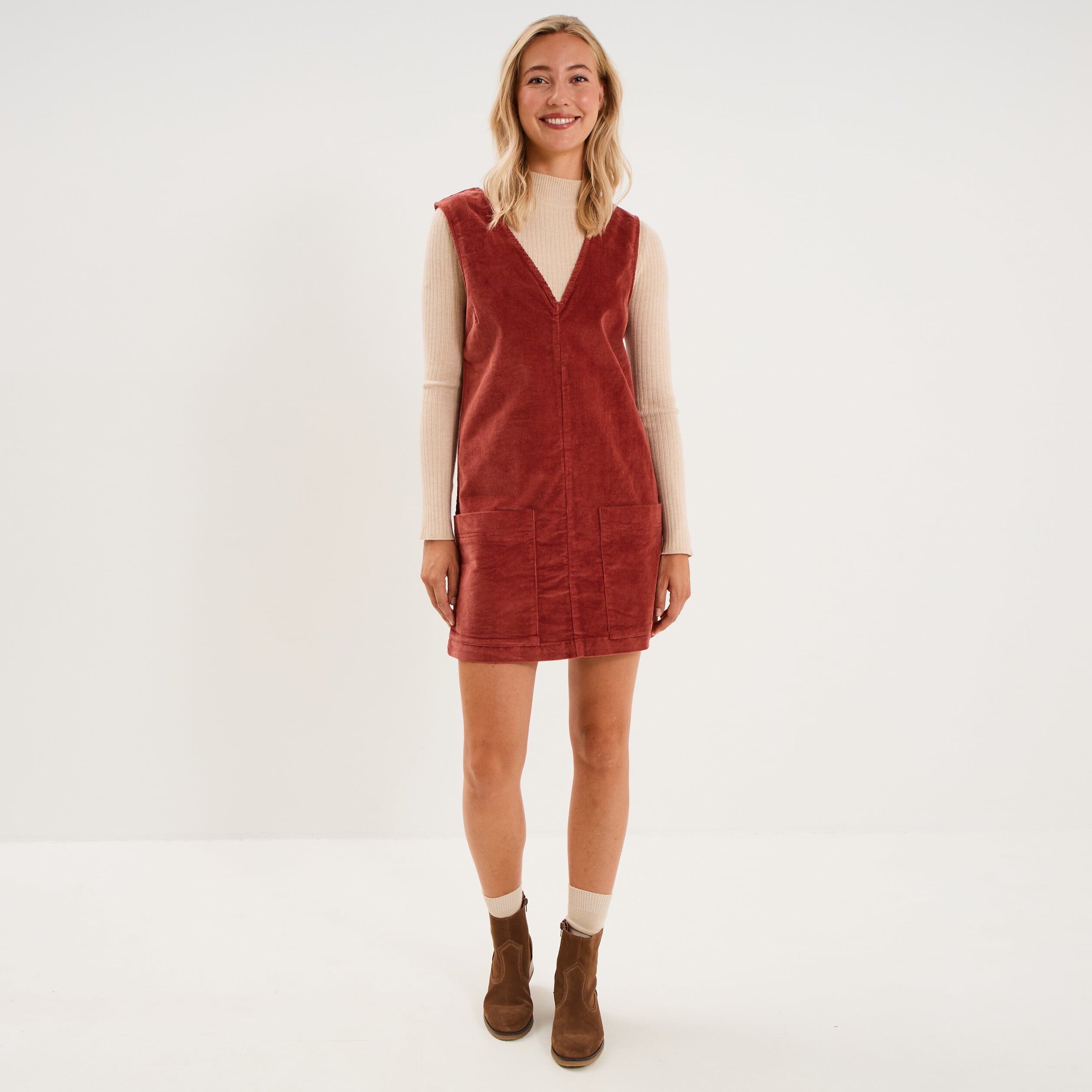 Robe chasuble courte effet velours rouge fonc&eacute; femme