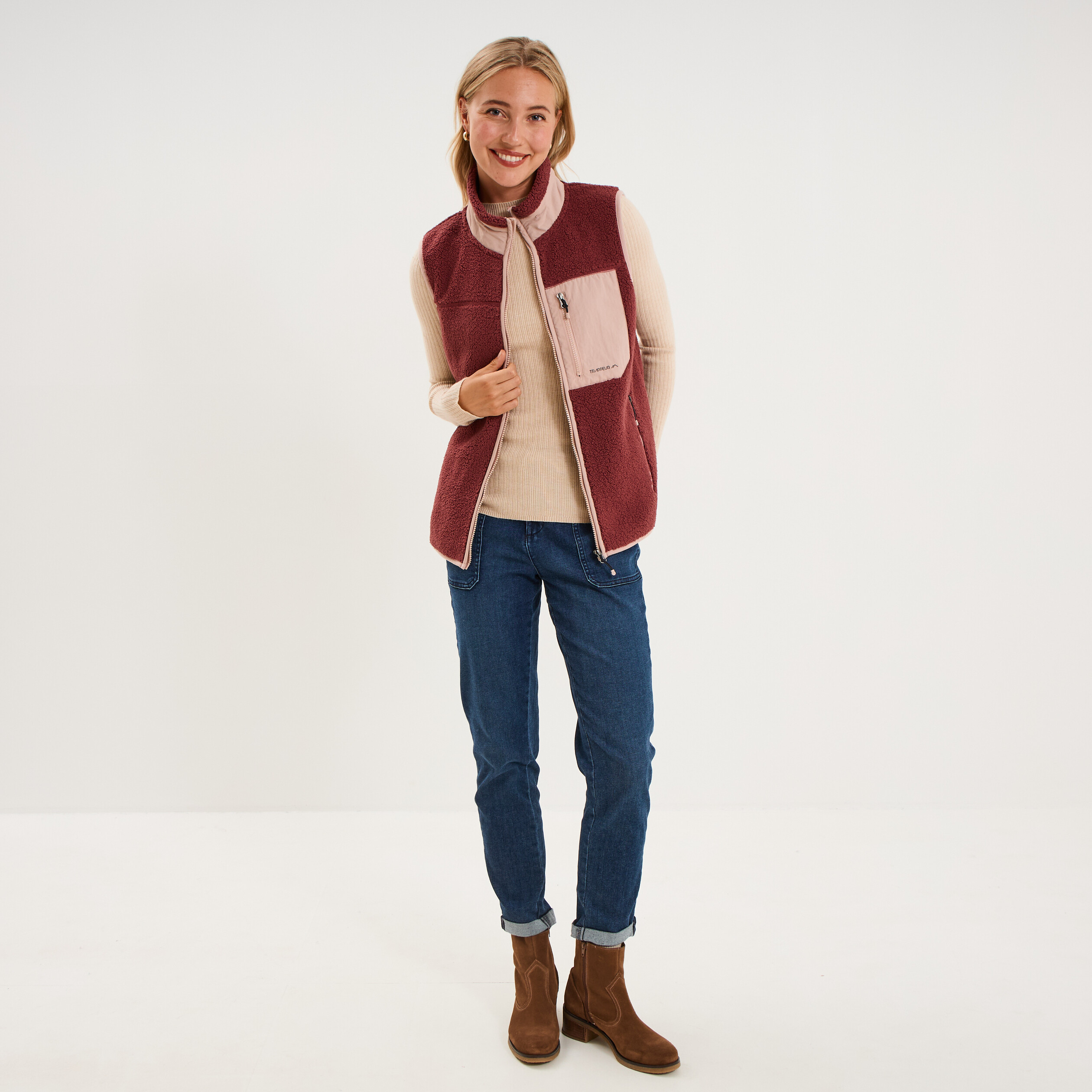 Gilet polaire col montant sans manches vieux rose femme