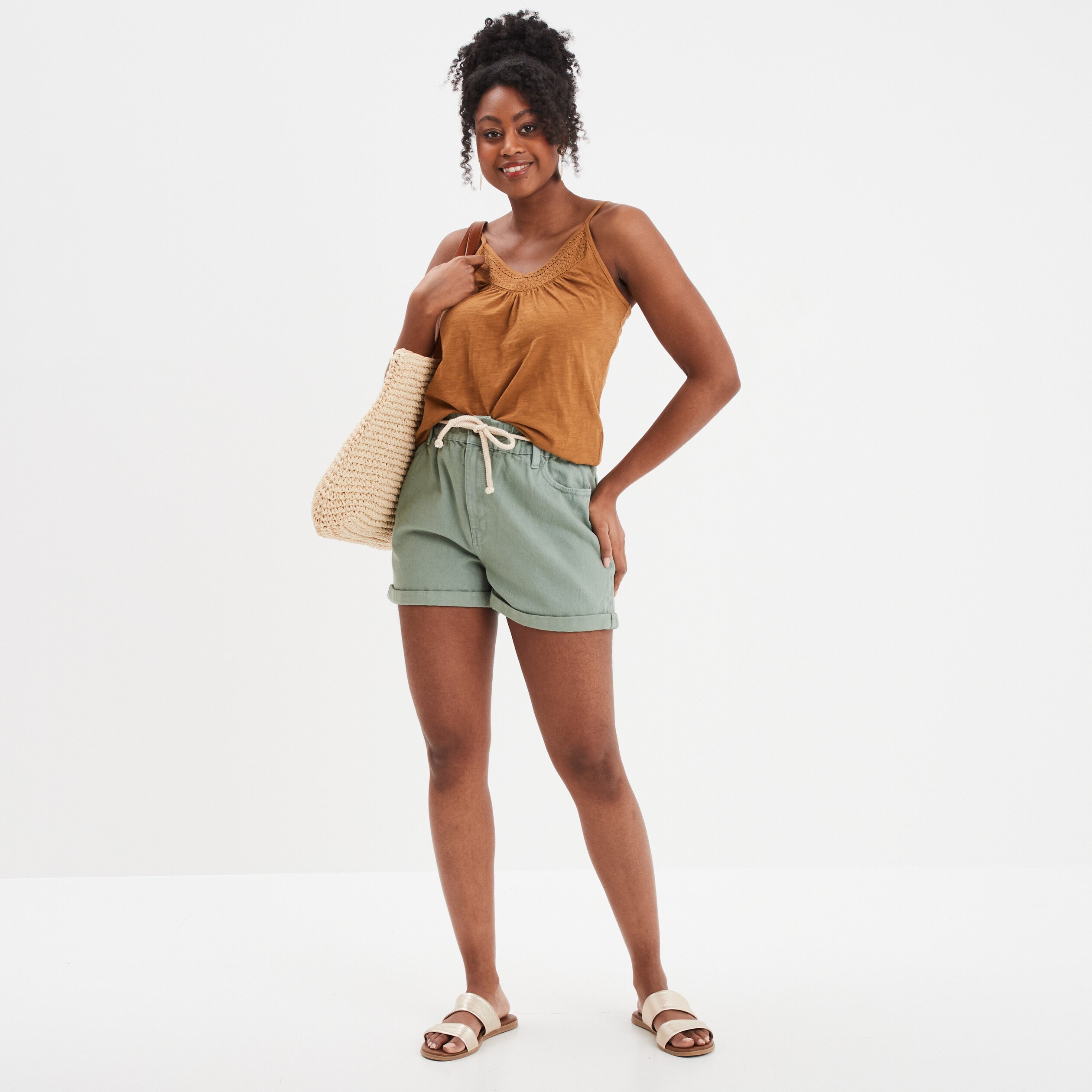 Short en jean ceinture elastiquee vert fonce femme