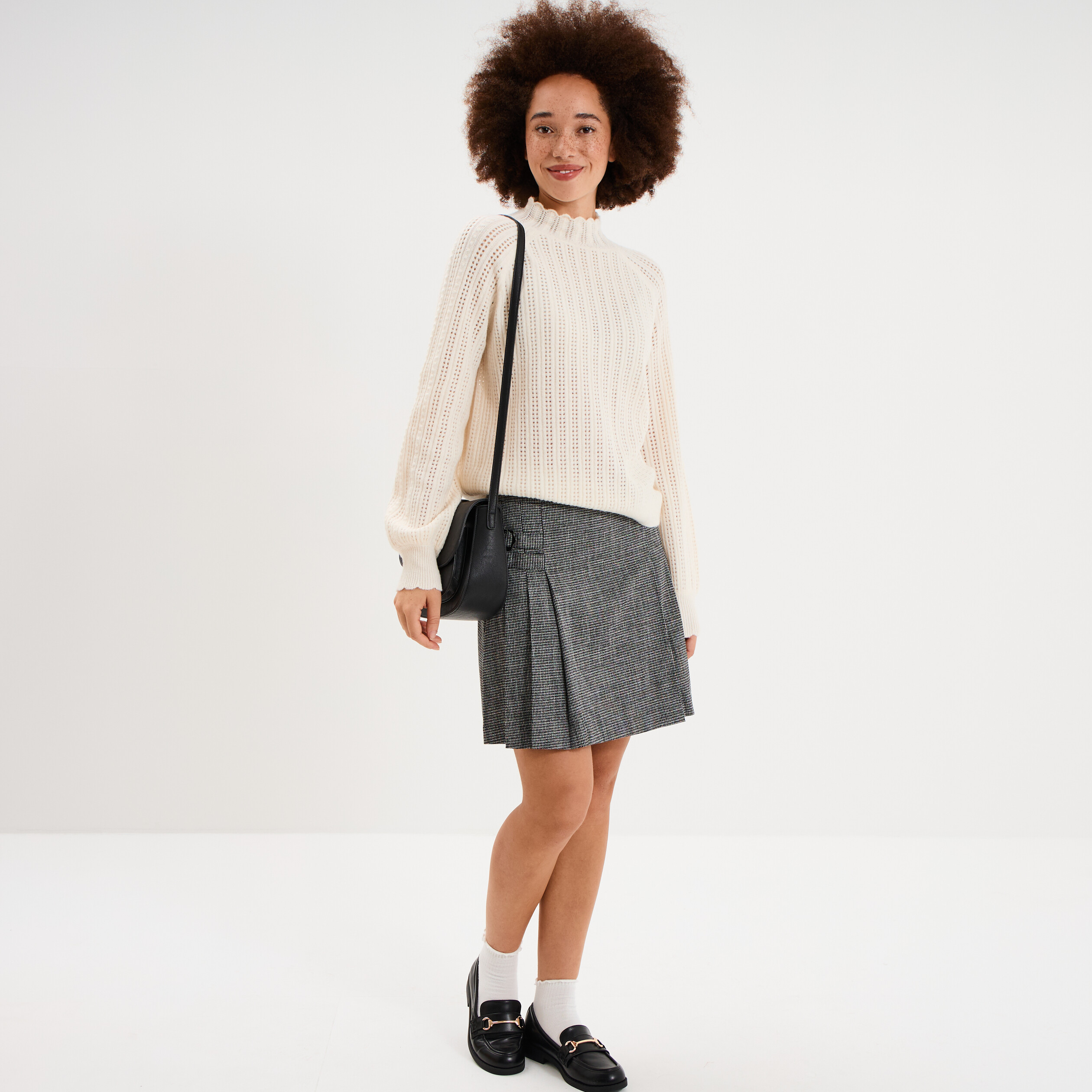 Pull col montant textur&eacute; manches longues blanc femme
