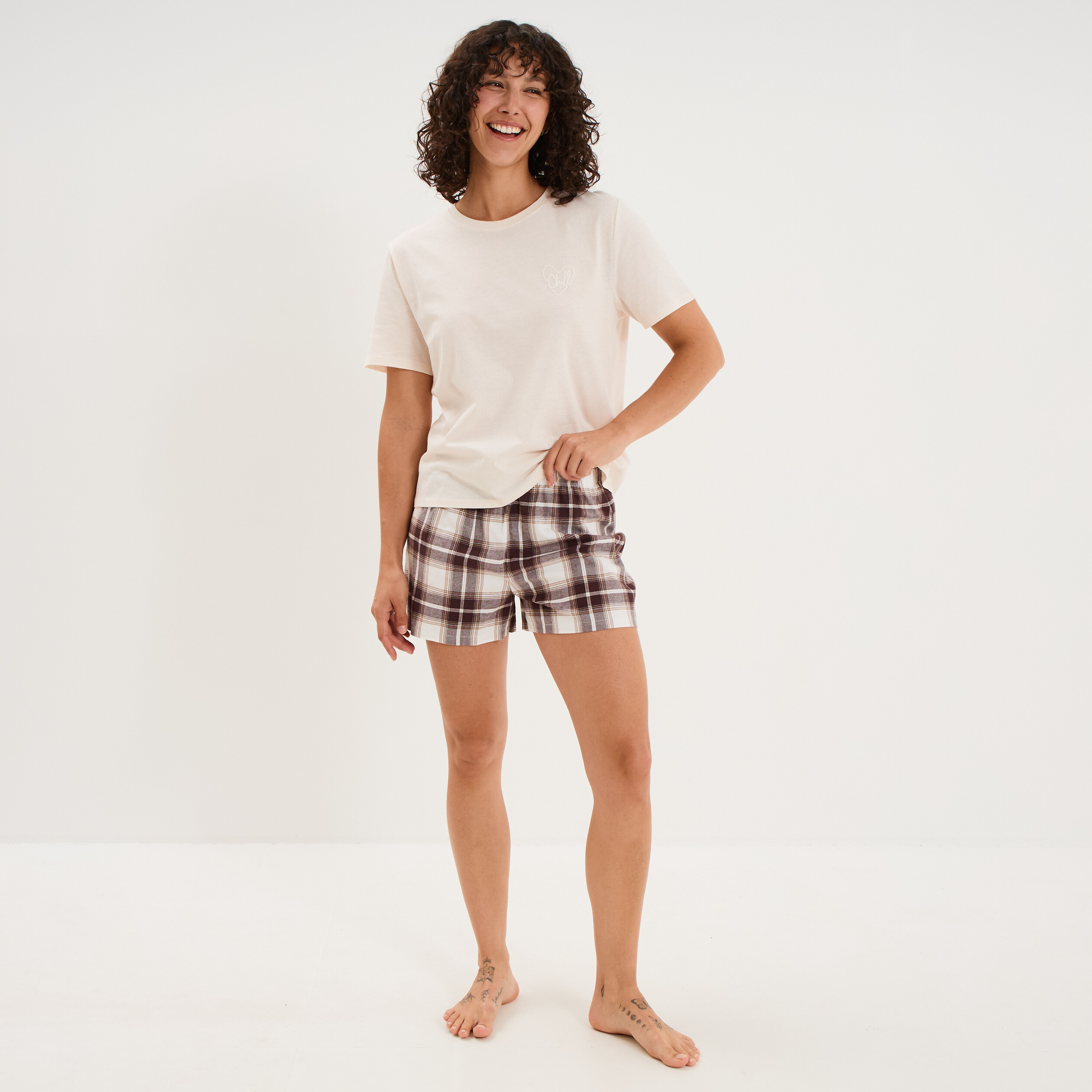 Ensemble pyjama short et t-shirt coton marron femme