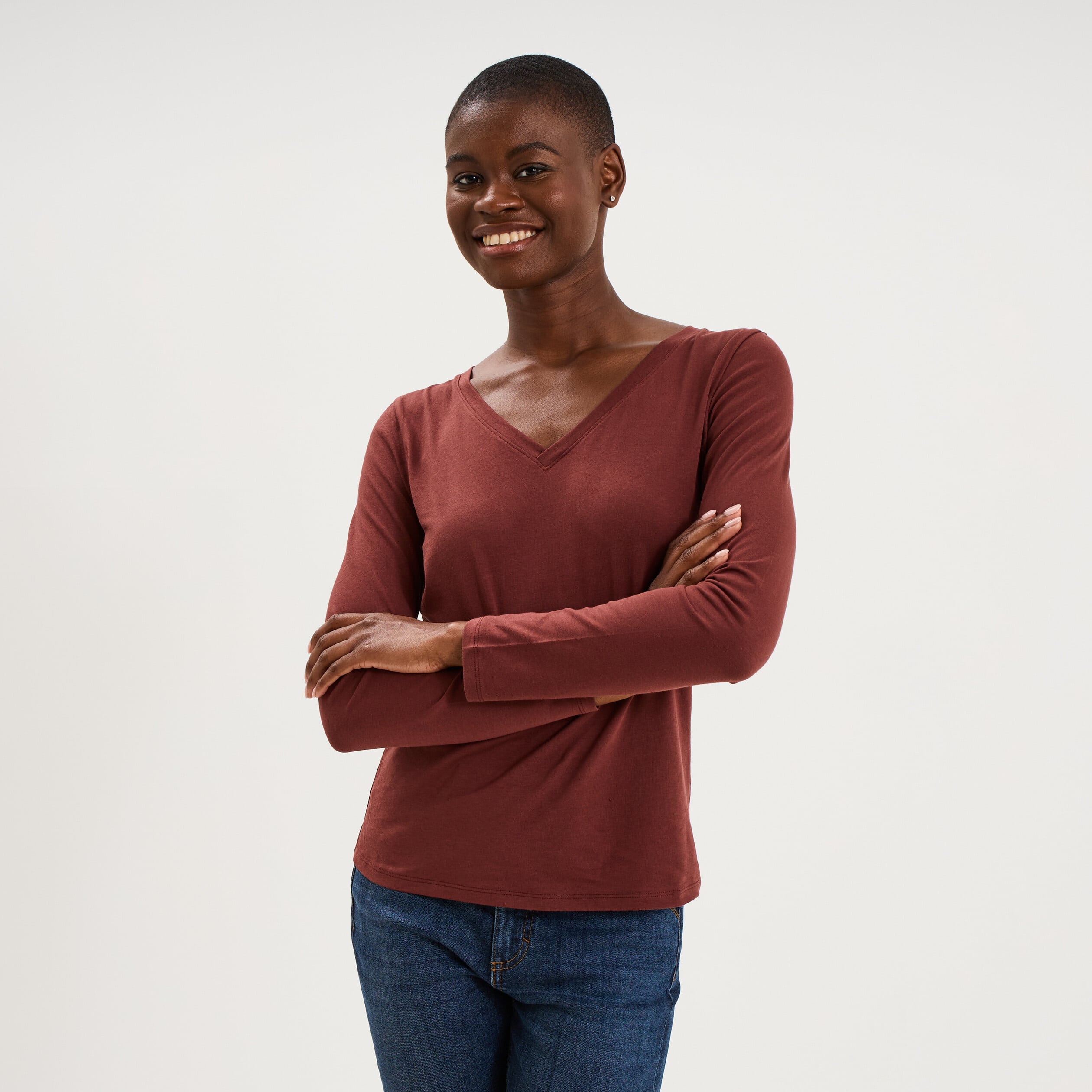T-shirt col en V manches longues coton bordeaux femme