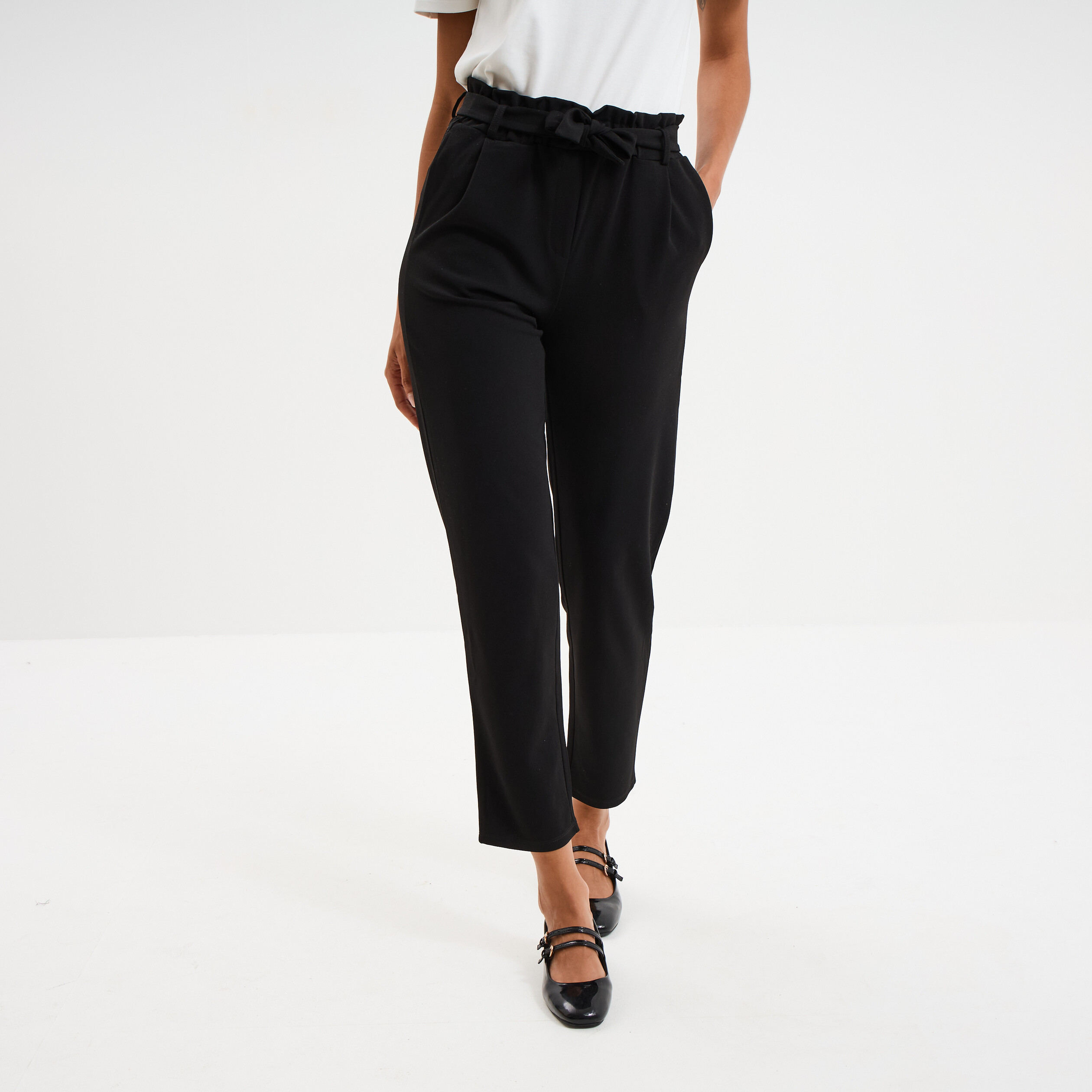 Femme Pantalon Paper Pantalon City Paperbag Ceinturé 7/8ème Noir
