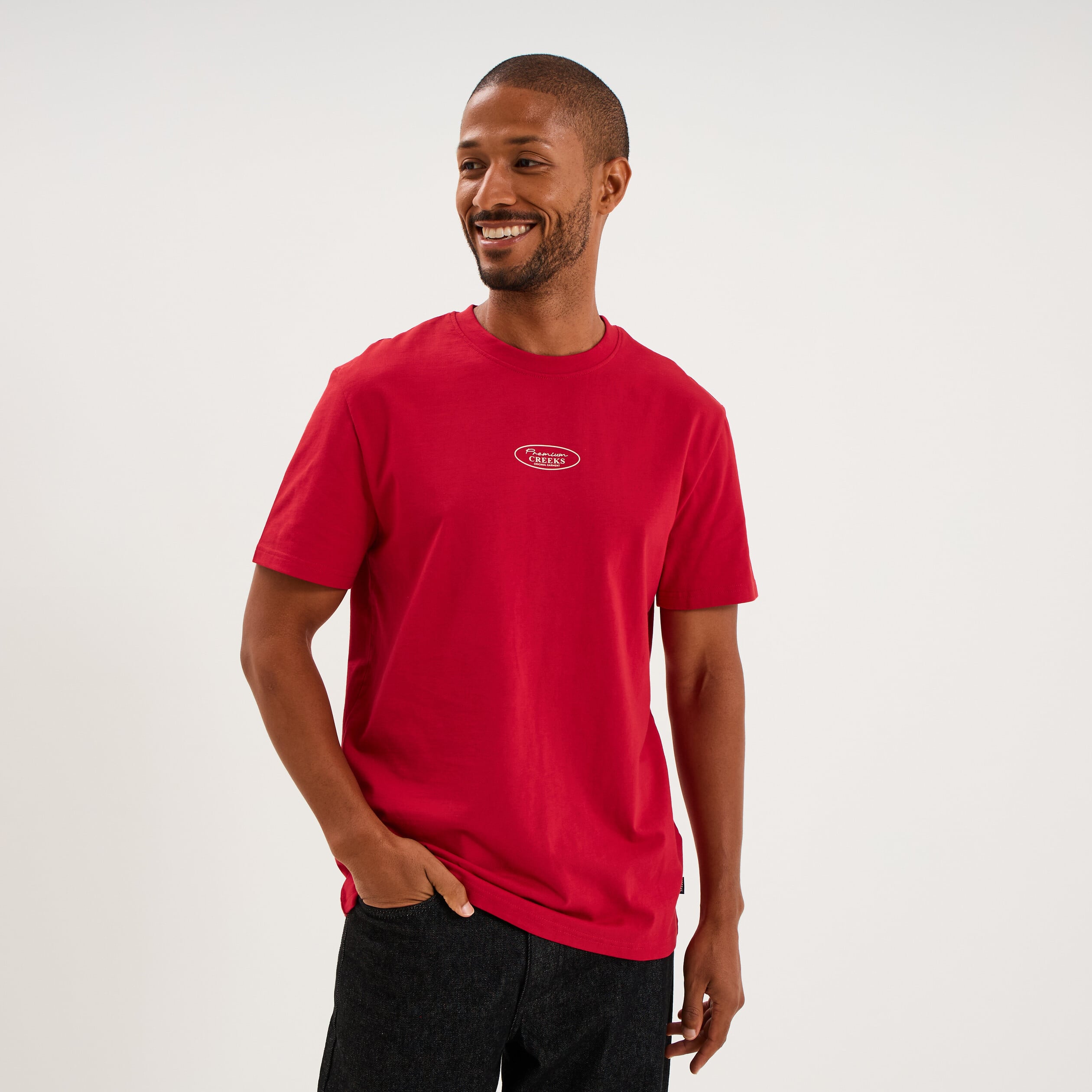 T-shirt droit manches courtes coton rouge fonc&eacute; homme