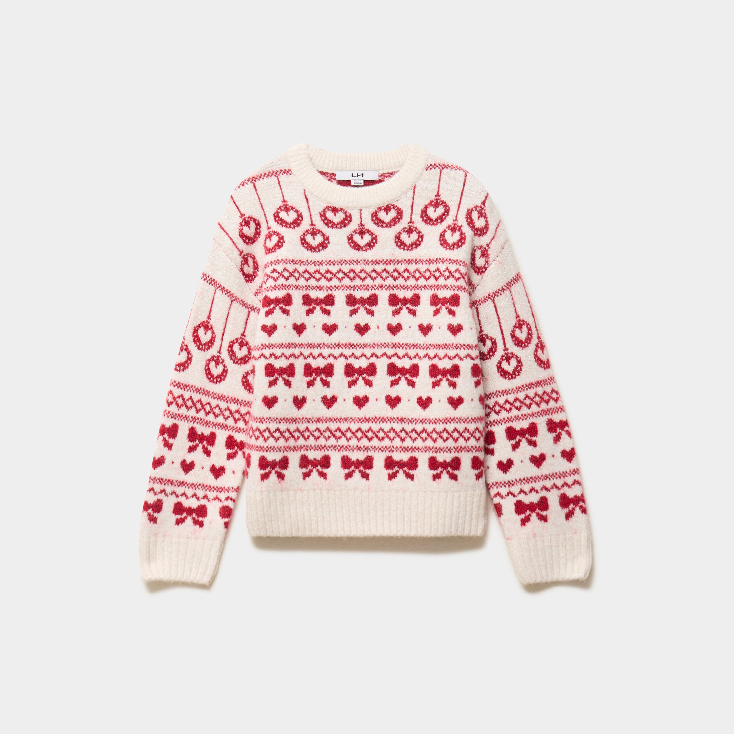 Pull manches longues col rond jacquard ecru fille