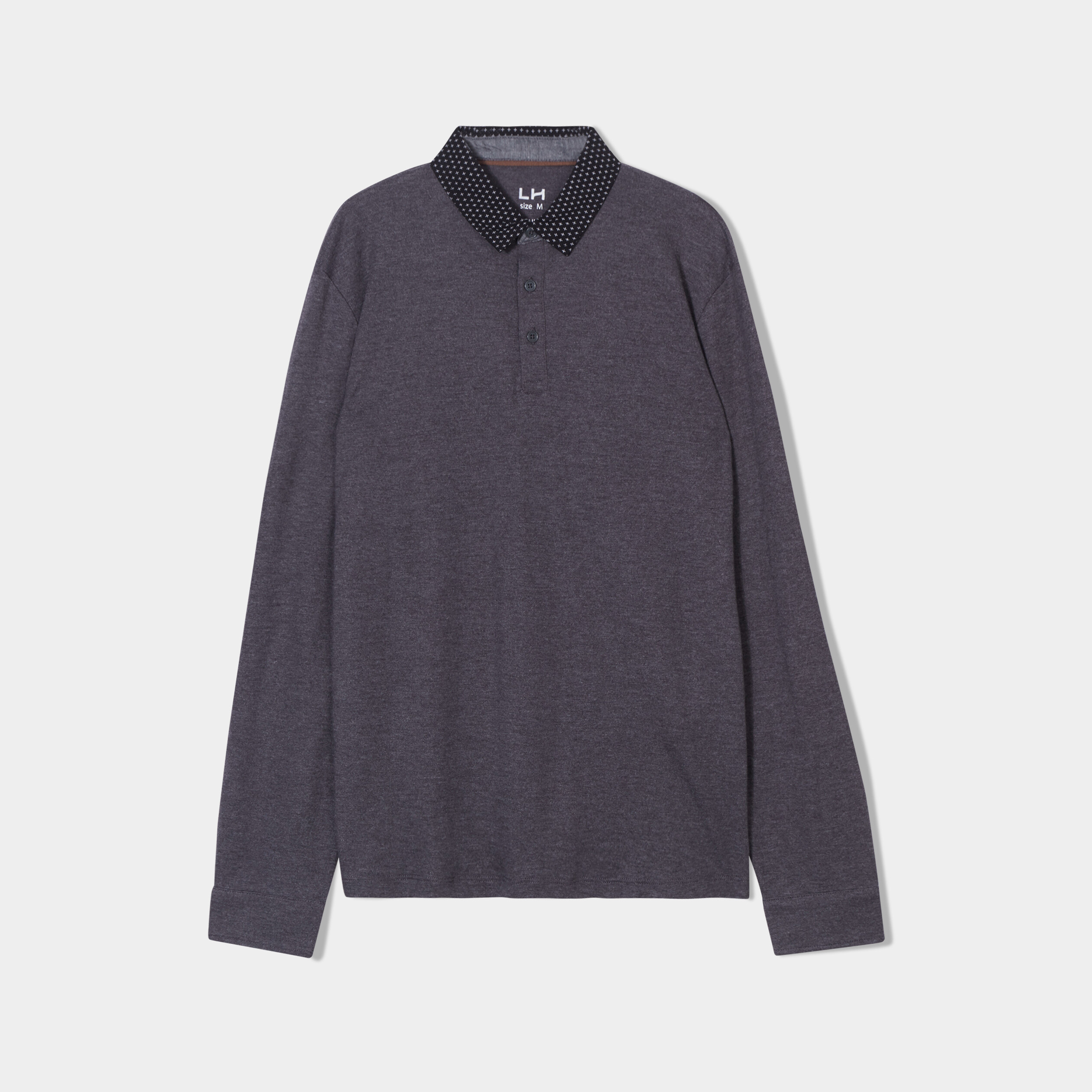 Polo manches longues col boutonné coton gris homme