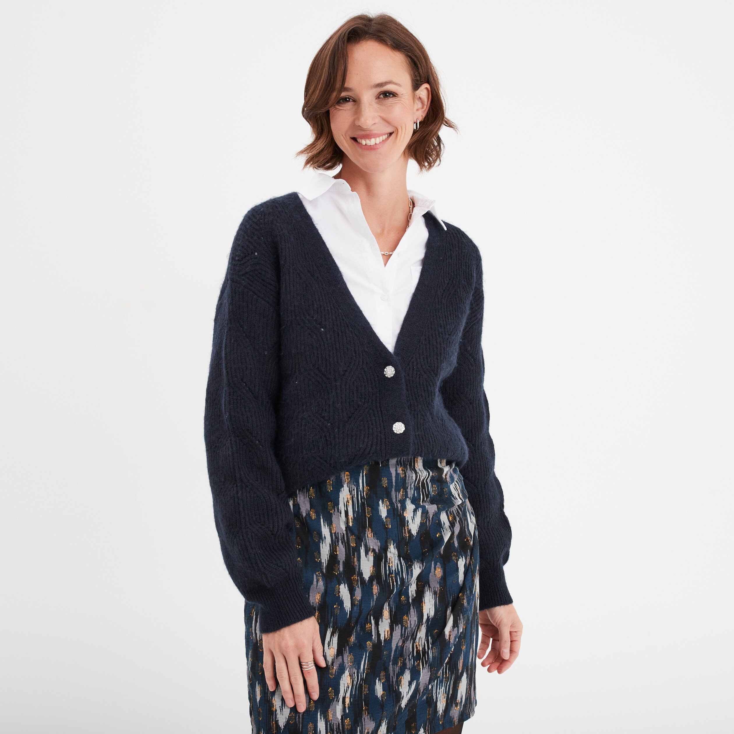 gilet col en v boutonne manches longues bleu fonce femme Gilet col en V boutonné manches longues bleu foncé femme