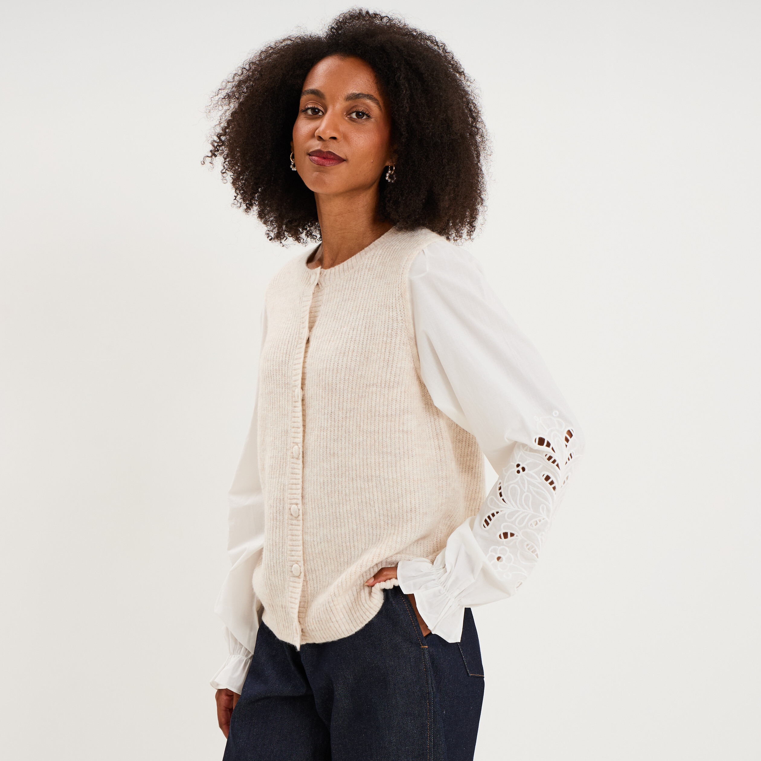 Gilet 2 en 1 bi-mati&egrave;re col rond beige femme