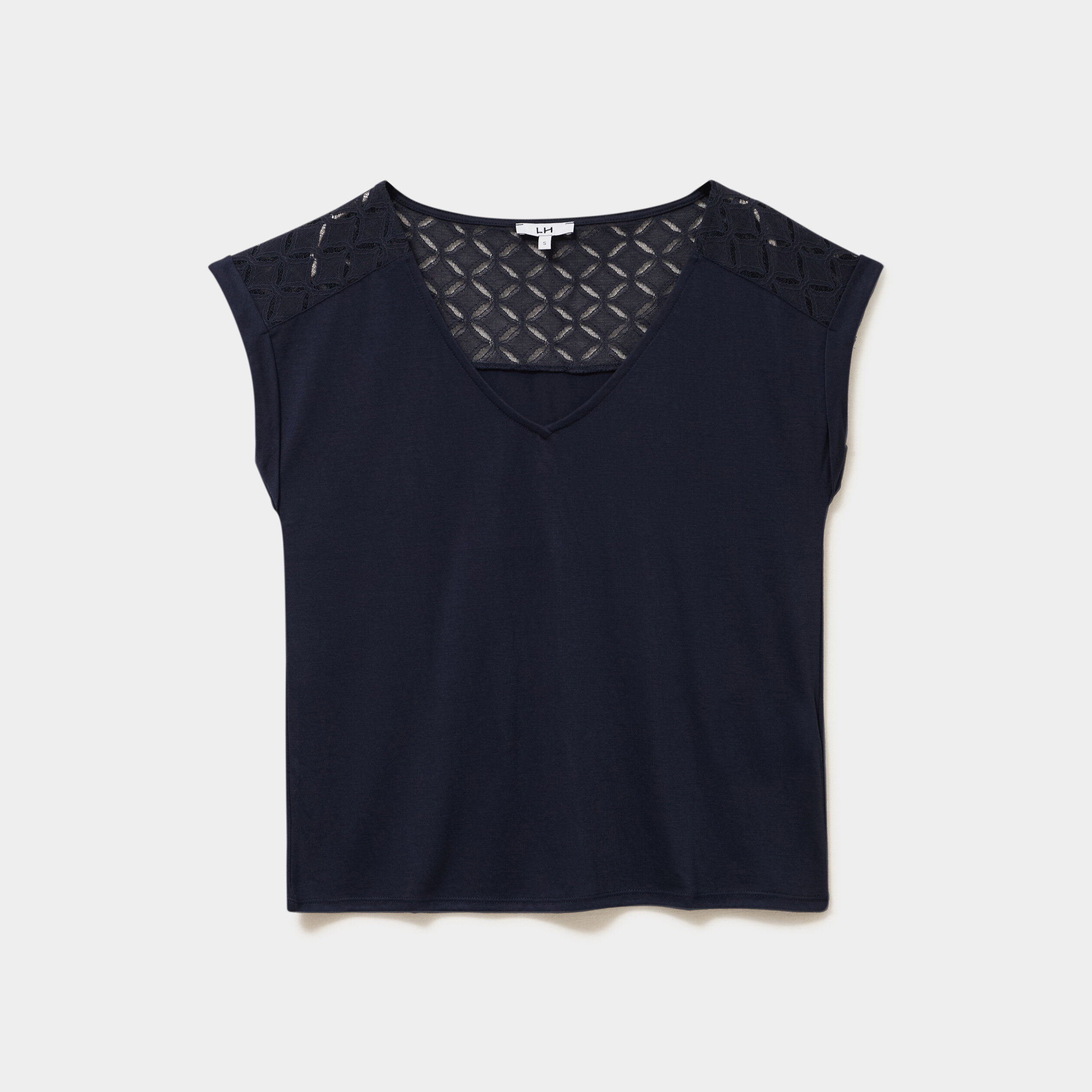 T-shirt col en V ajour&eacute; &eacute;paules et dos bleu fonc&eacute; femme