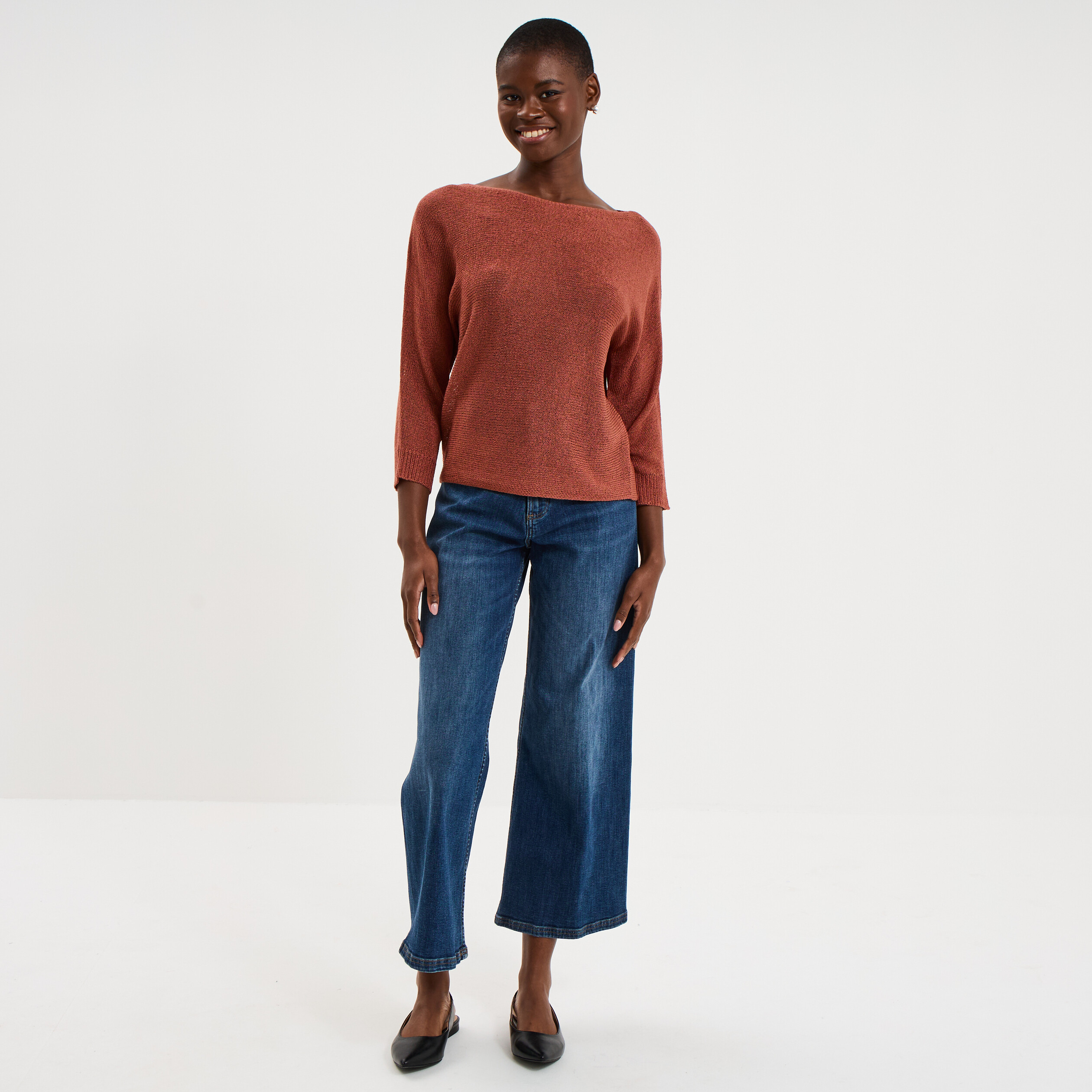 Pull droit col rond manches longues vieux rose femme