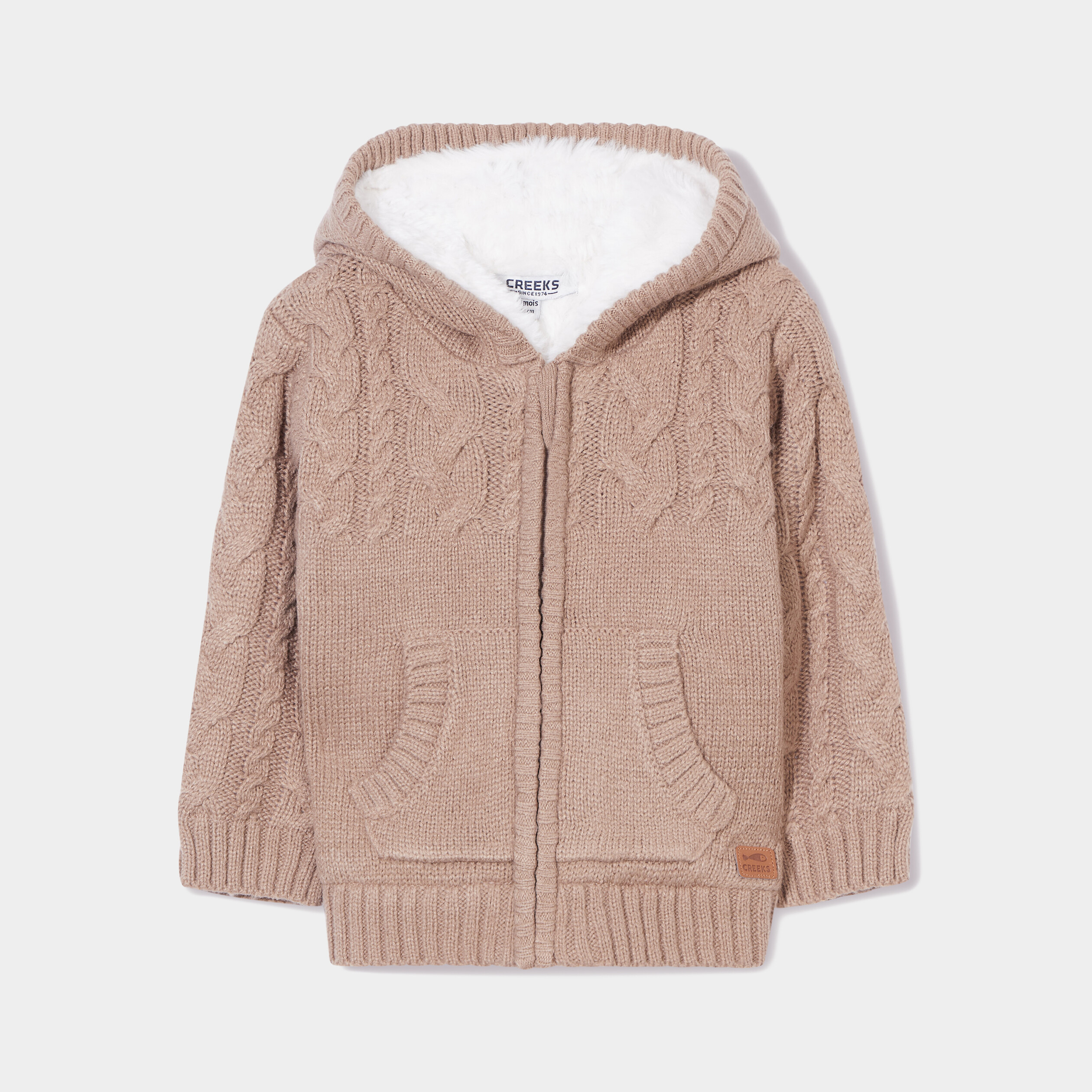 gilet double a capuche et torsades taupe bebeg Gilet doublé à capuche et torsades taupe bébé garçon