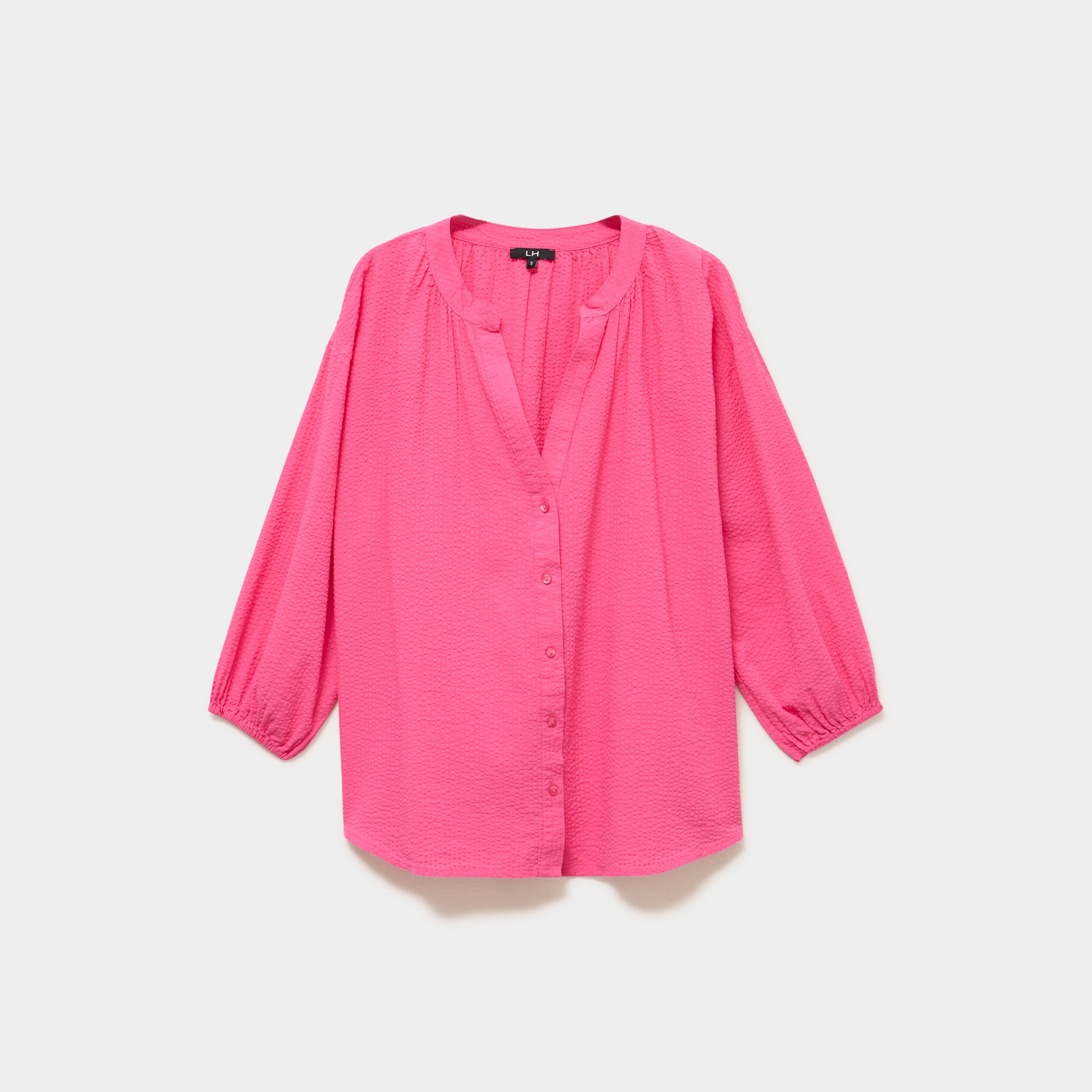 Blouse col tunisien manches 3/4 coton rose fushia femme