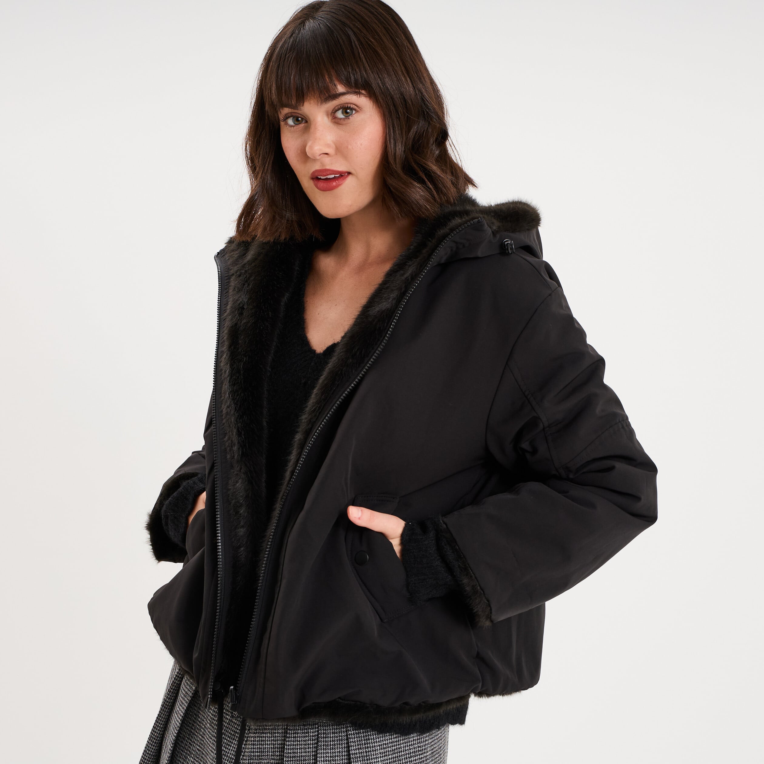 Parka r&eacute;versible capuche fausse fourrure noir femme
