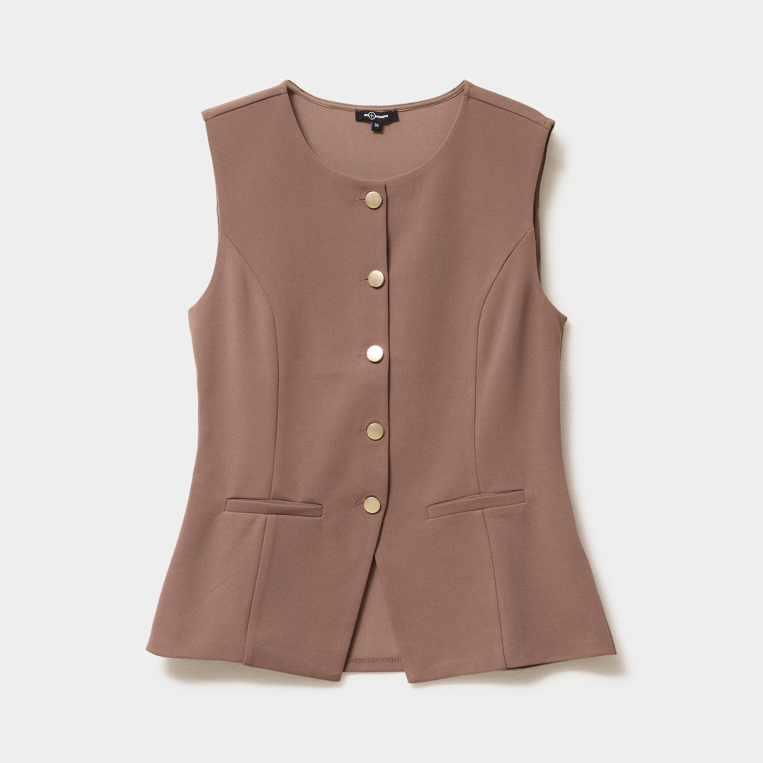 Veste sans manches boutonn&eacute;e col rond marron clair femme