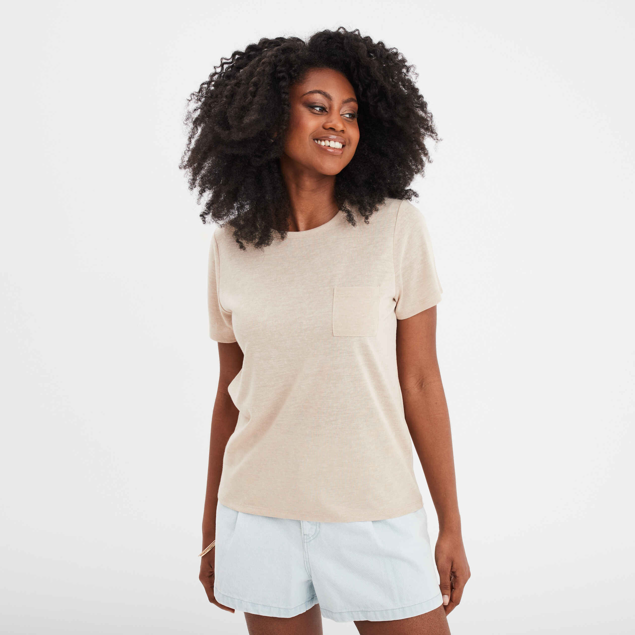 t shirt col rond 1 poche manches courtes beige femme T-shirt col rond 1 poche manches courtes beige femme