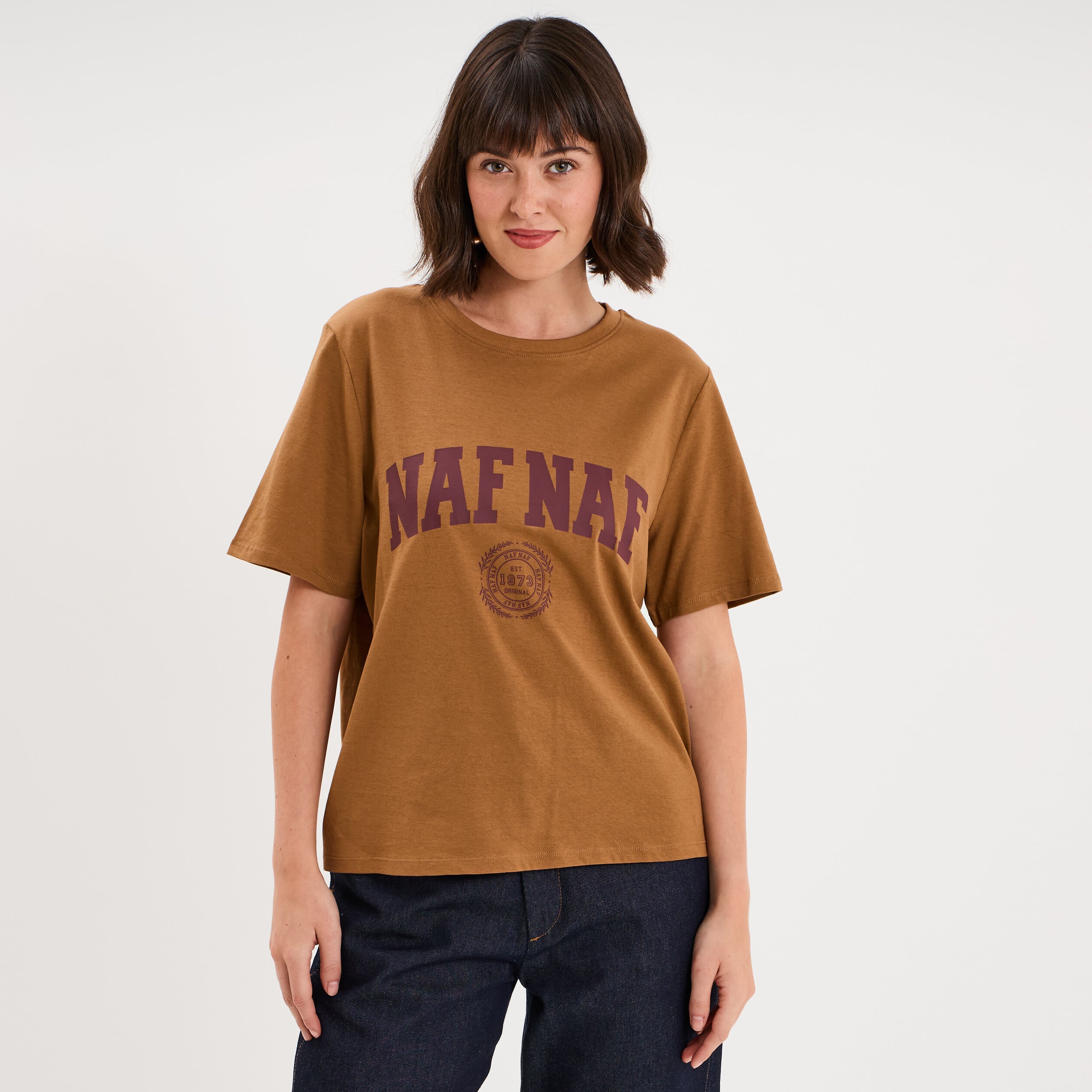 T-shirt col rond manches courtes print marron clair femme