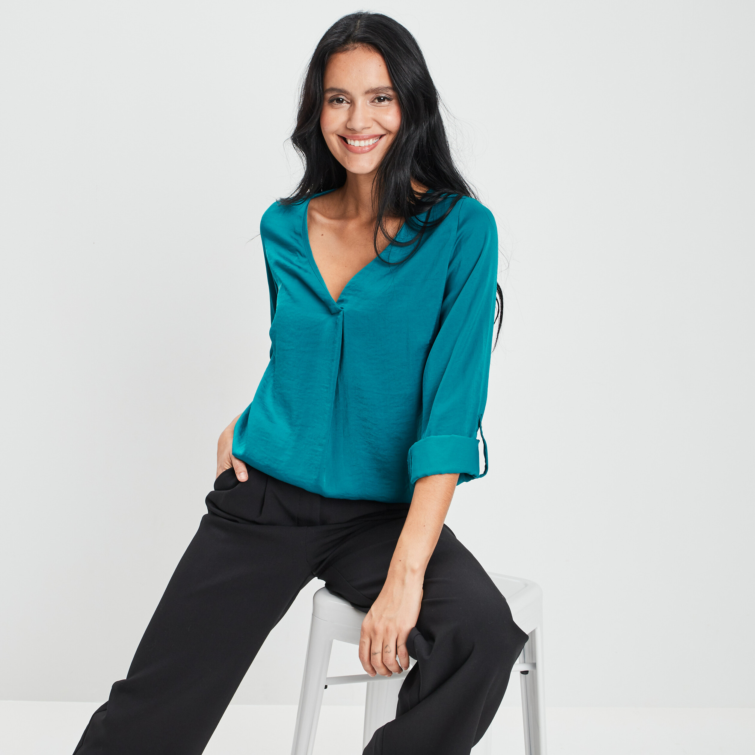 blouse a revers manches 34 bleu canard femme Blouse à revers manches 3/4 bleu canard femme