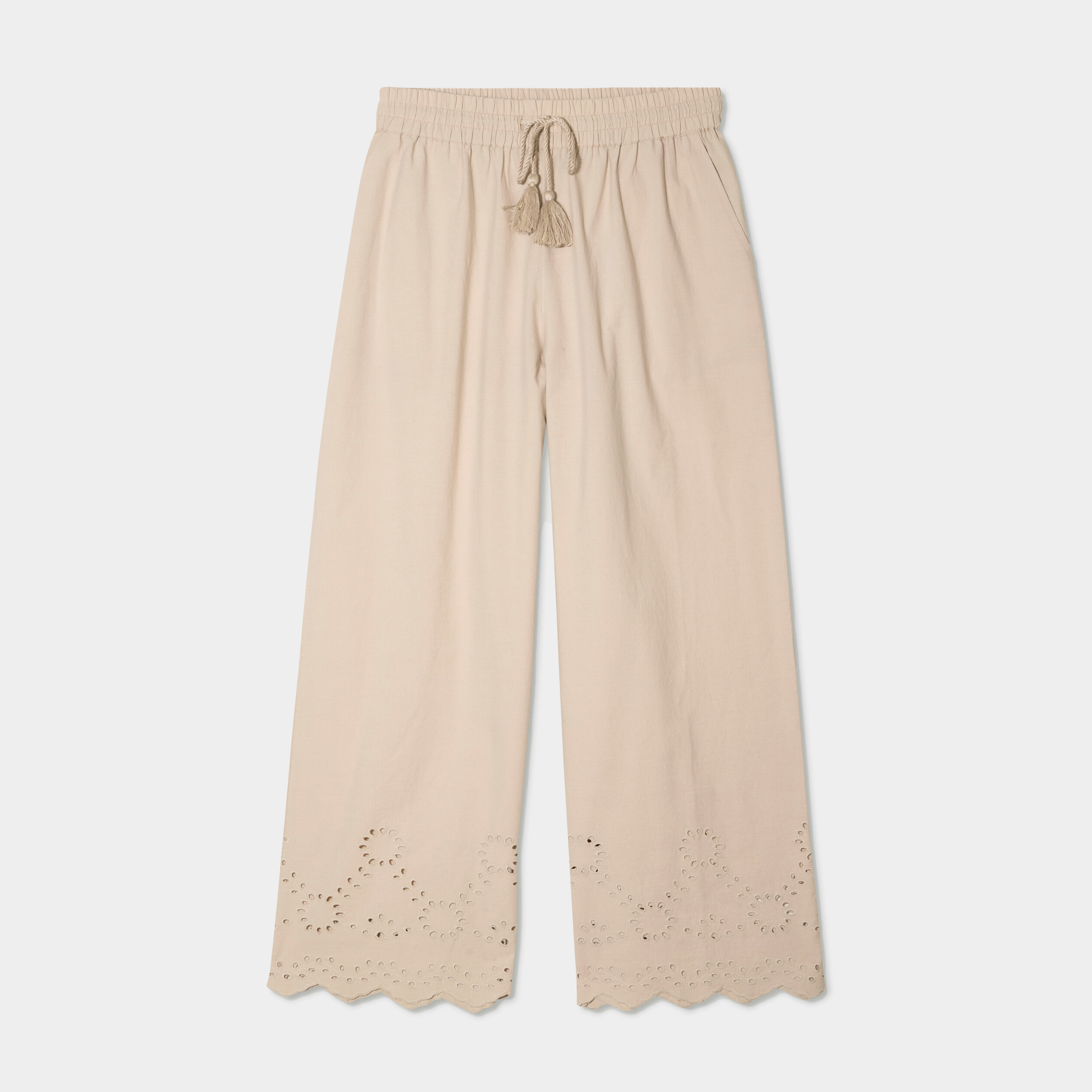 pantalon avec broderie anglaise beige femme Pantalon avec broderie anglaise beige femme