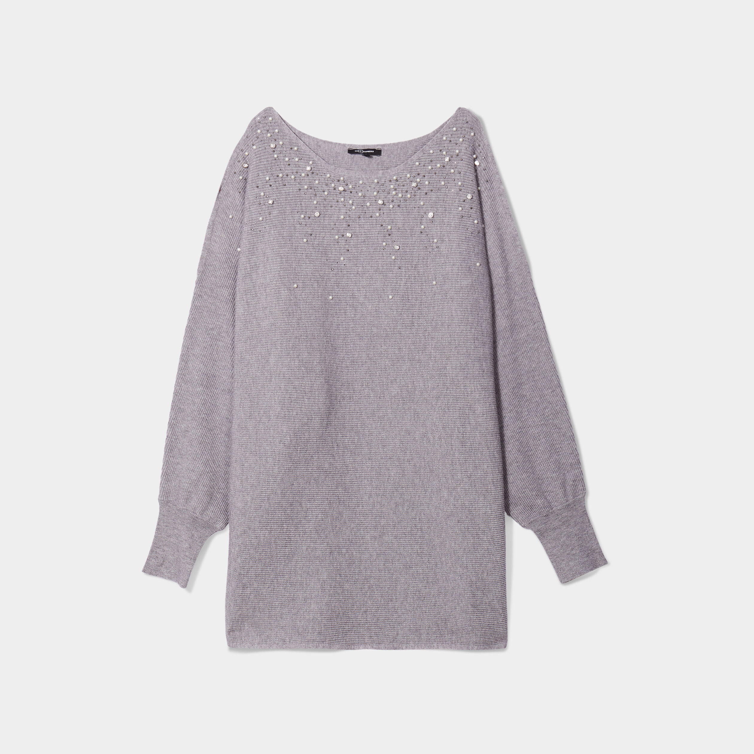Pull perles et strass au col gris clair femme