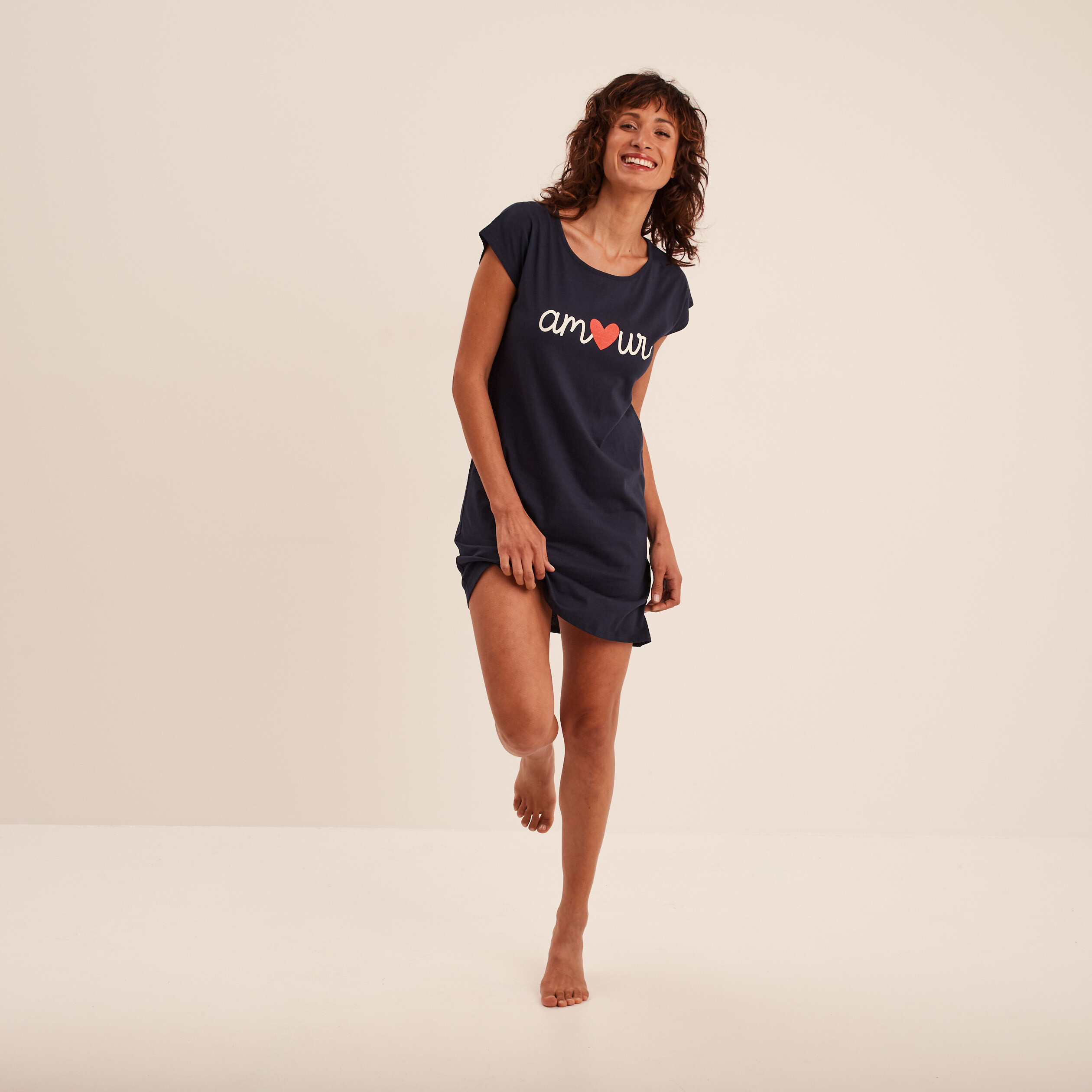 Chemise de nuit manches courtes coton bleu marine femme
