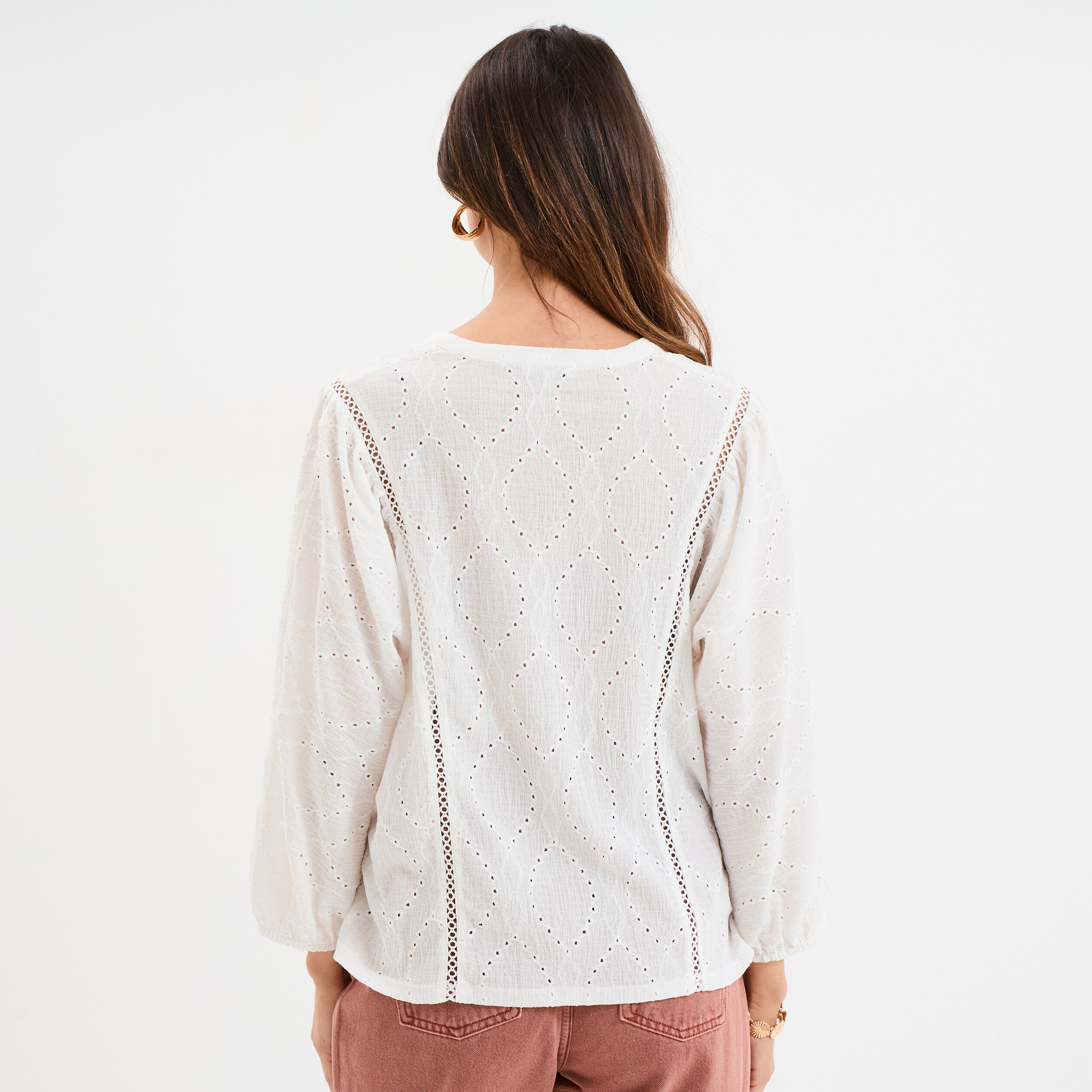 Blouse ajour&eacute;e manches 3/4 col en V blanc femme