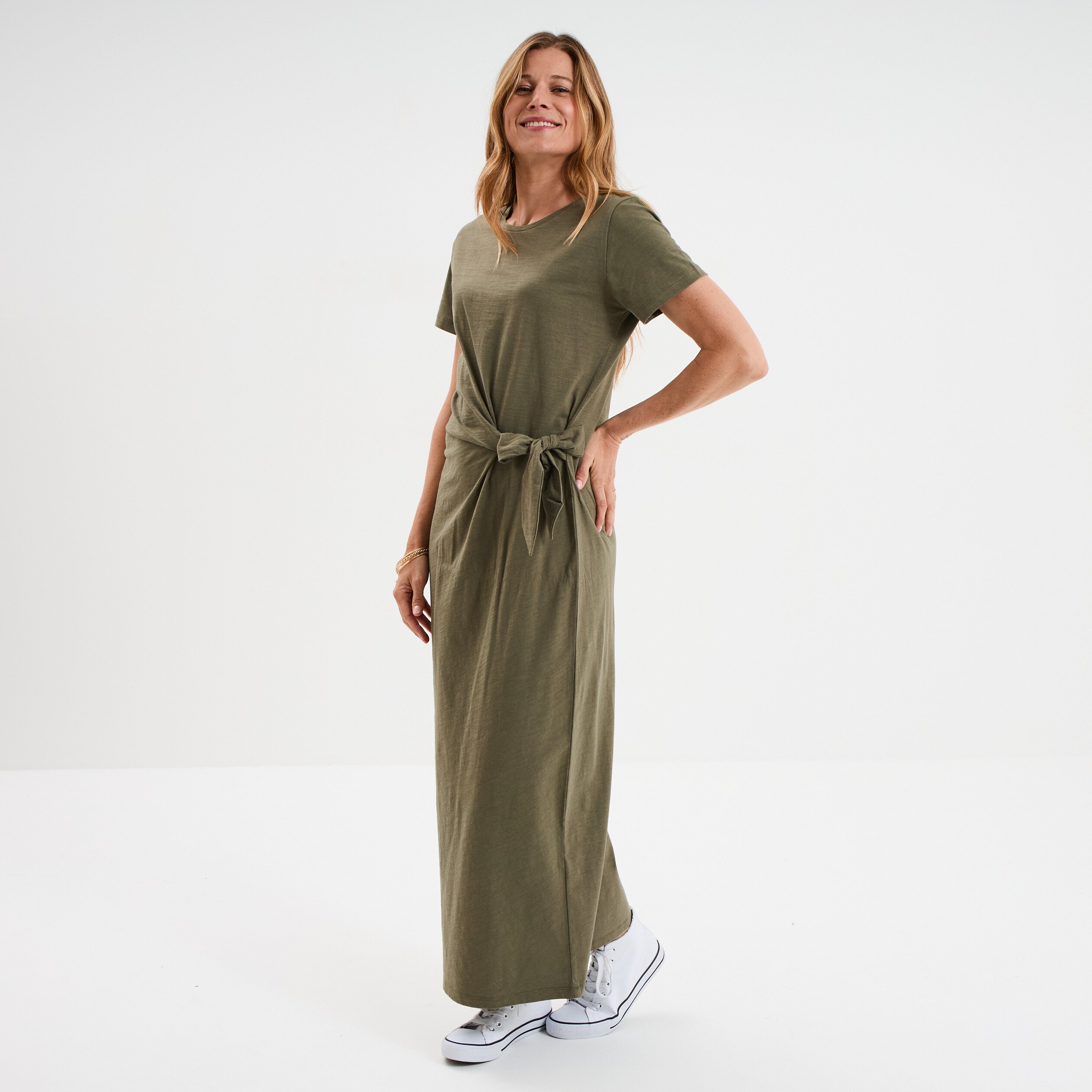 robe midi taille effet noue coton vert kaki femme Robe midi taille effet noué coton vert kaki femme