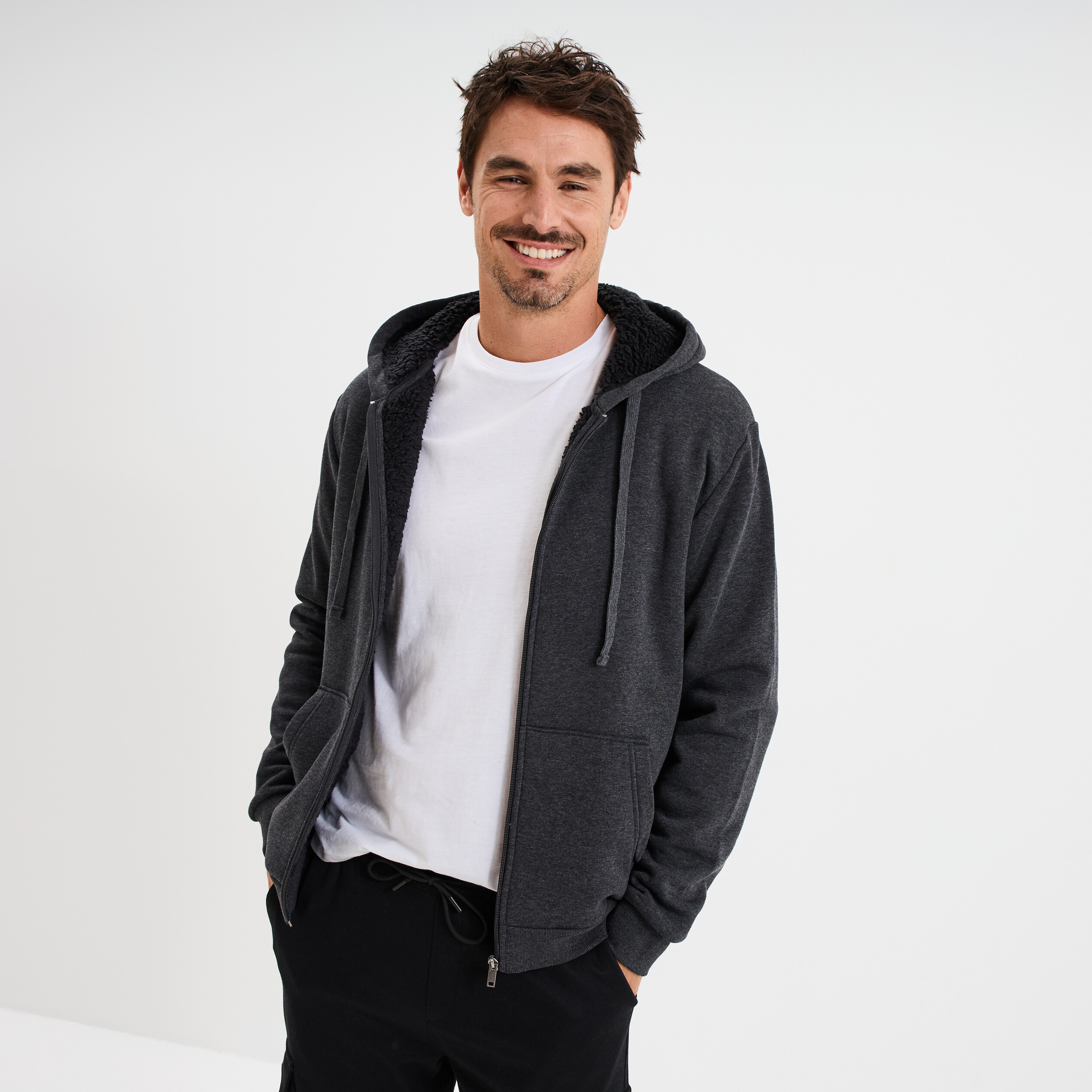 Sweat zippé doublure effet sherpa gris foncé homme