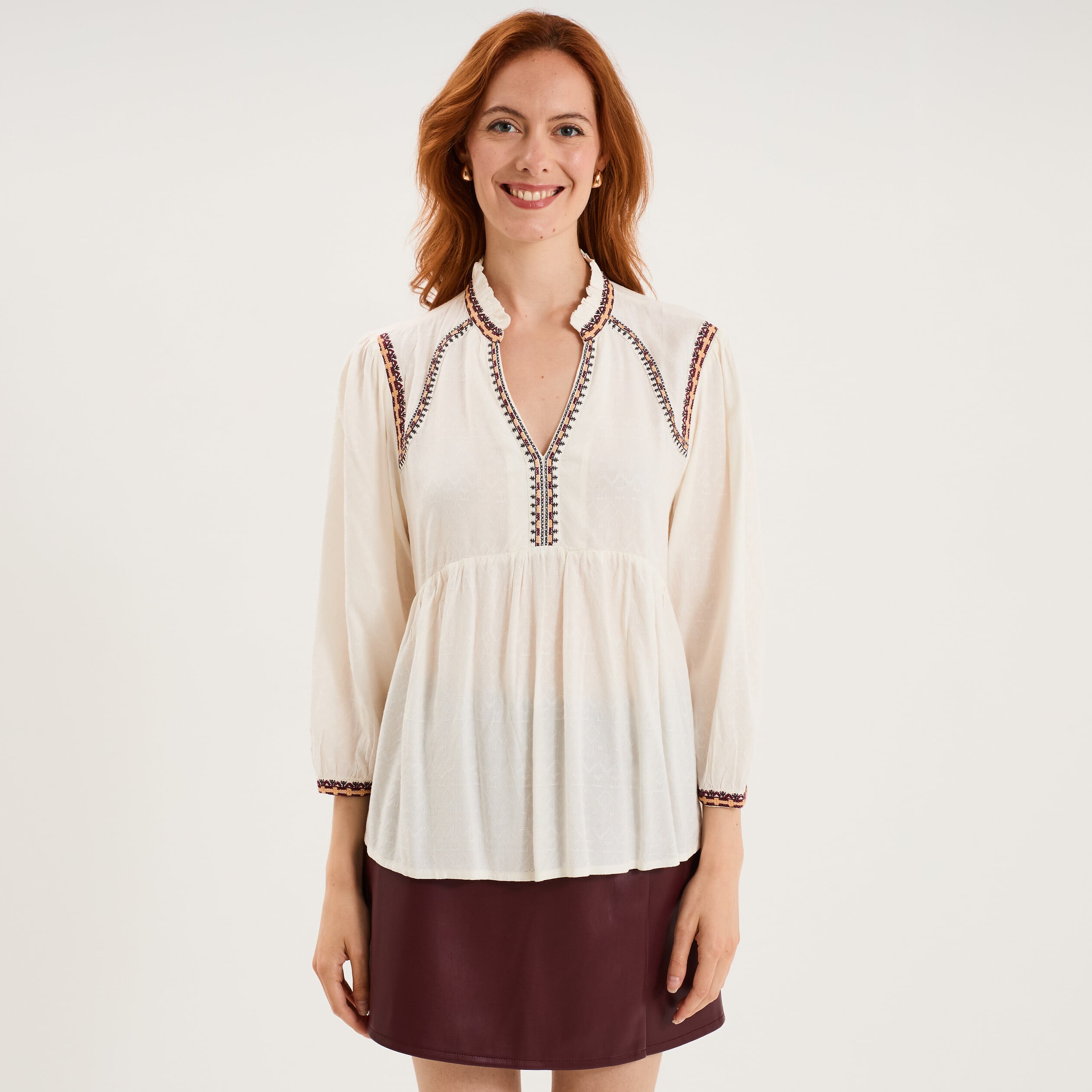 Blouse col tunisien avec broderie ecru femme