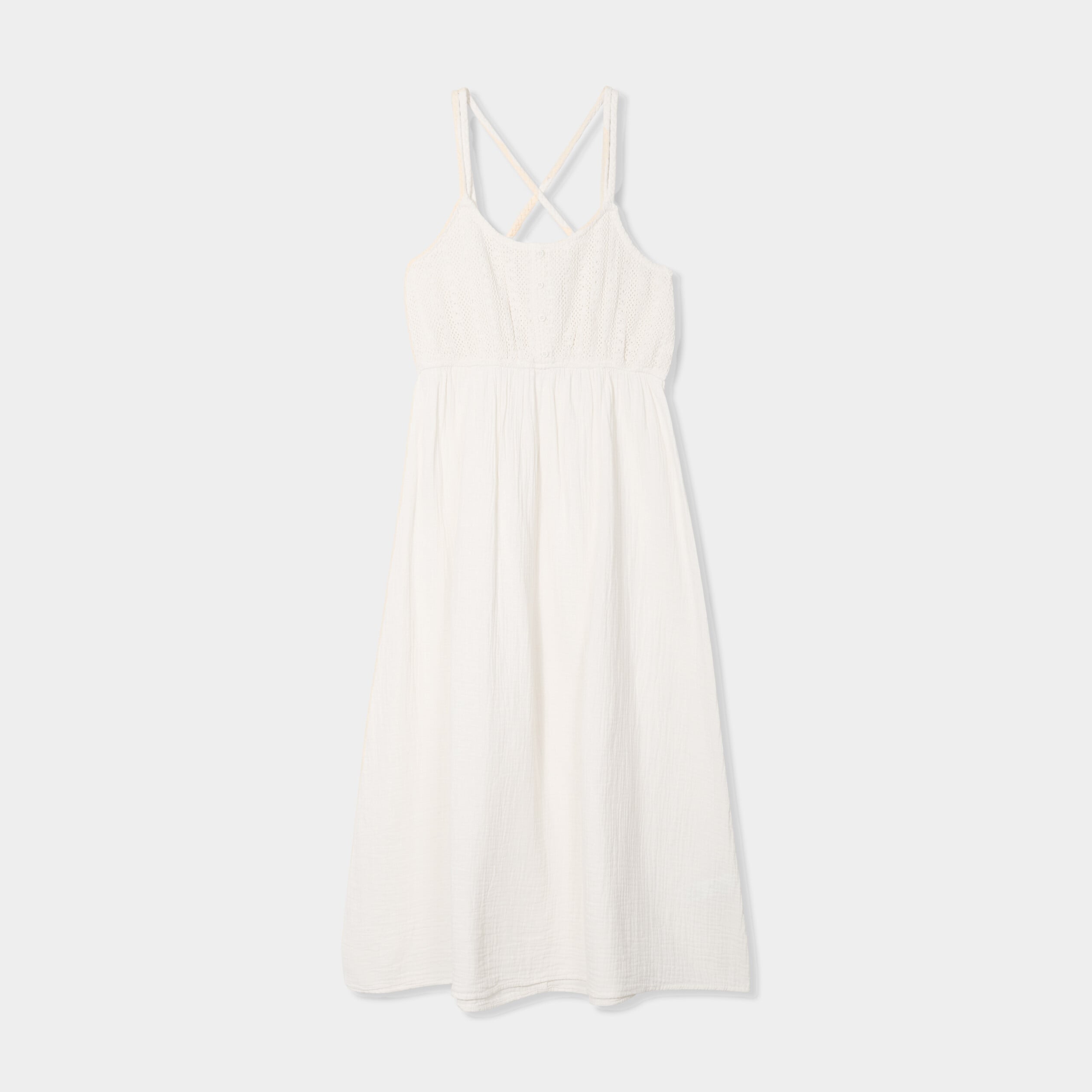 Robe longue buste macram&eacute; gaze de coton creme femme