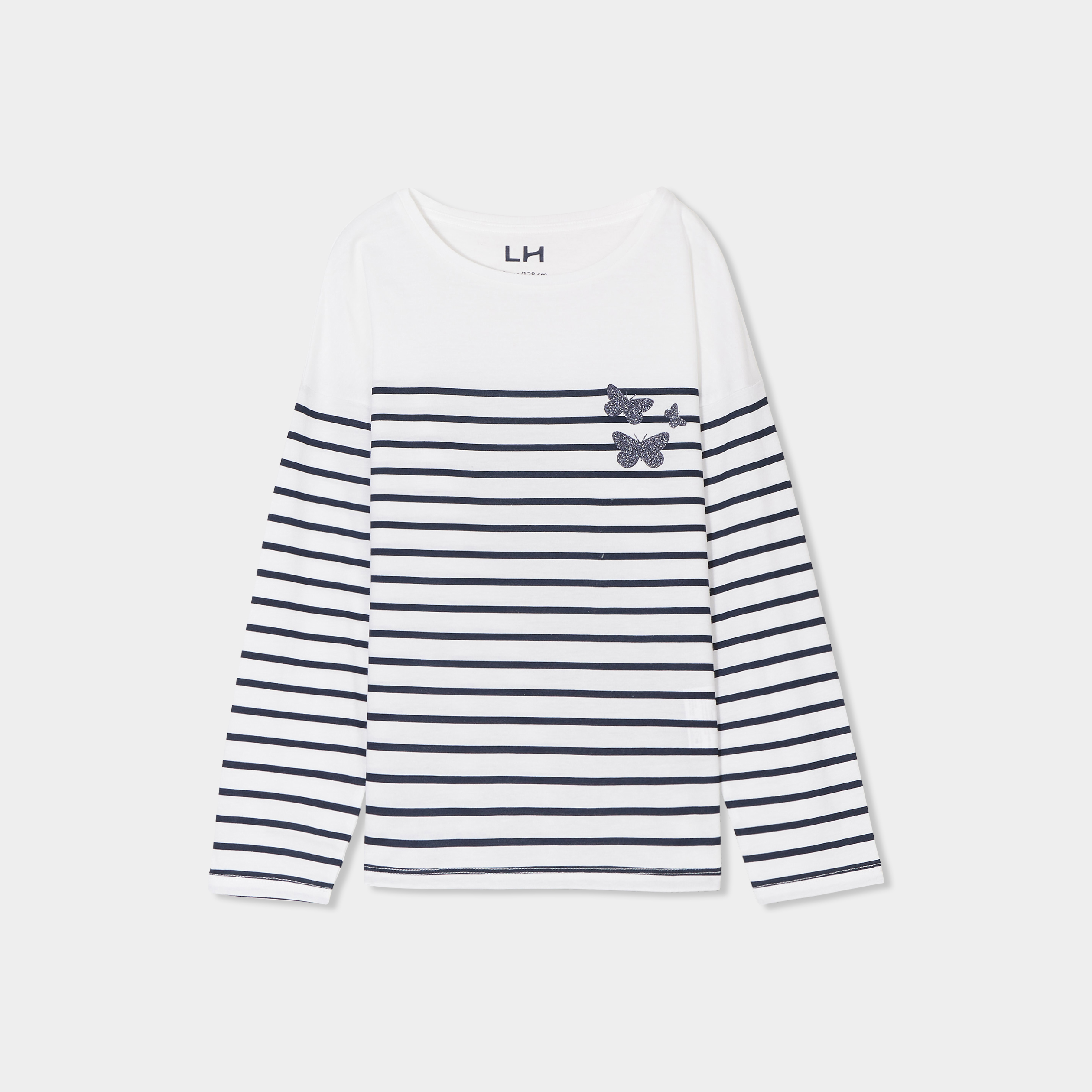 T-shirt coton col rond manches longues ecru fille