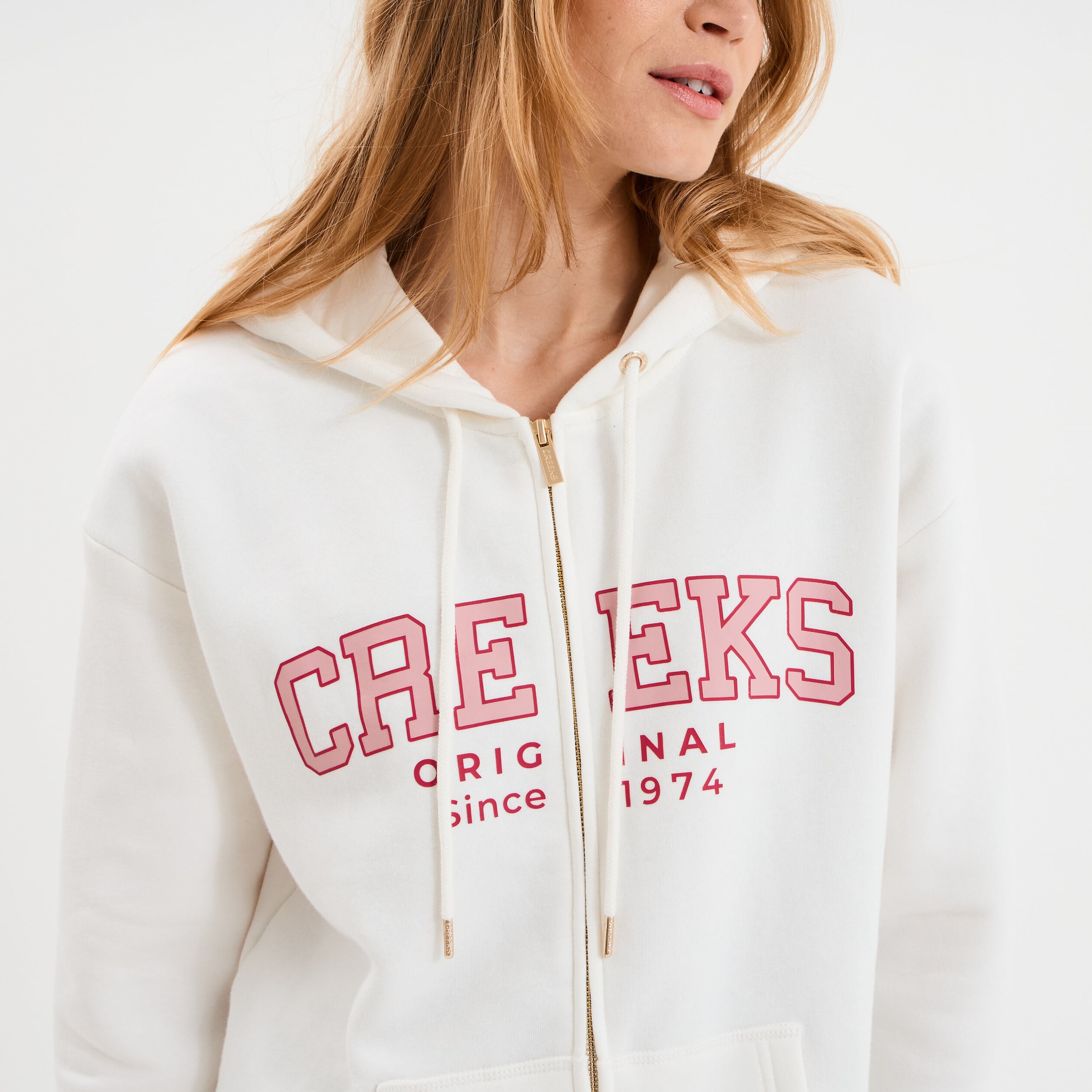 Sweat zipp&eacute; &agrave; capuche blanc femme