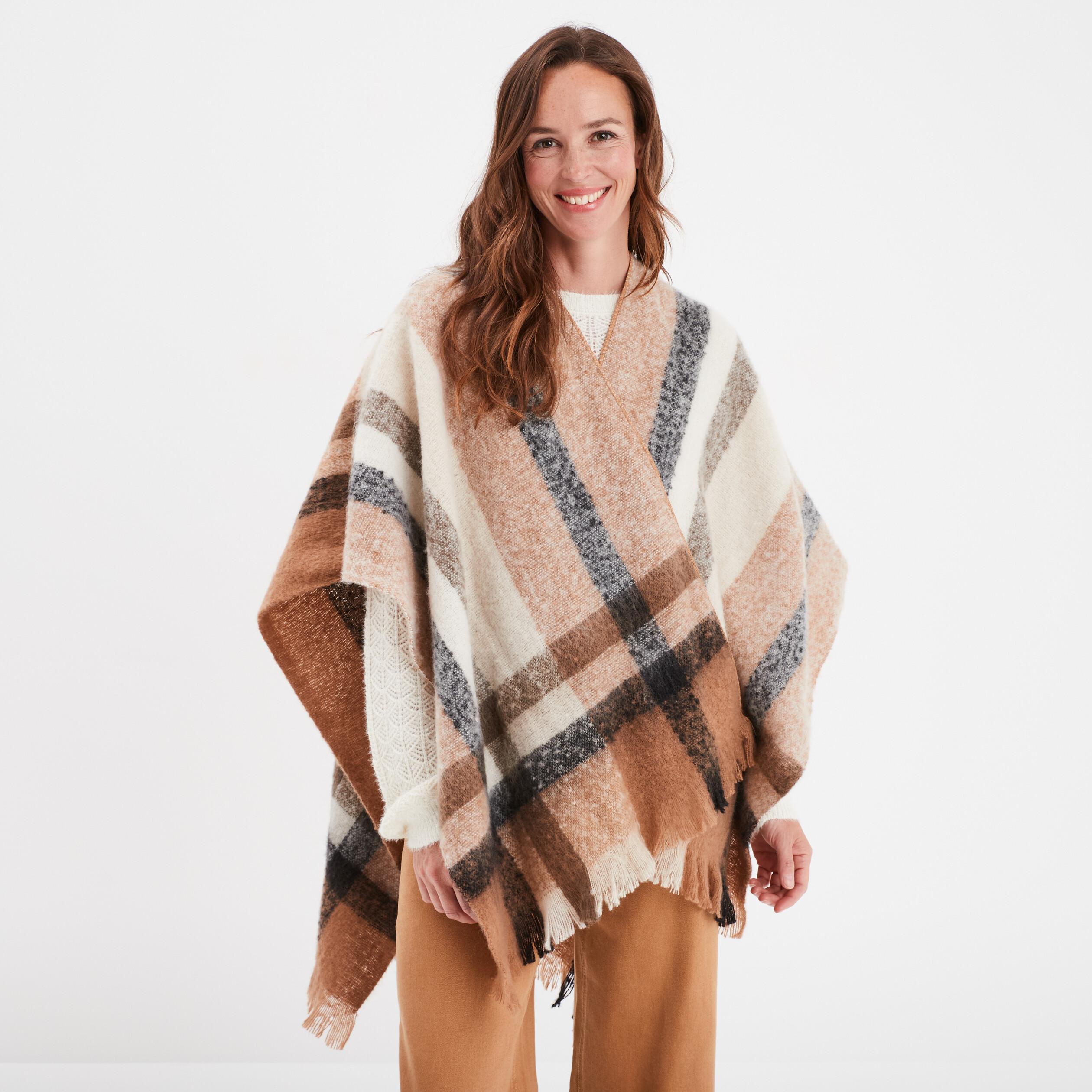 Poncho avec franges marron femme