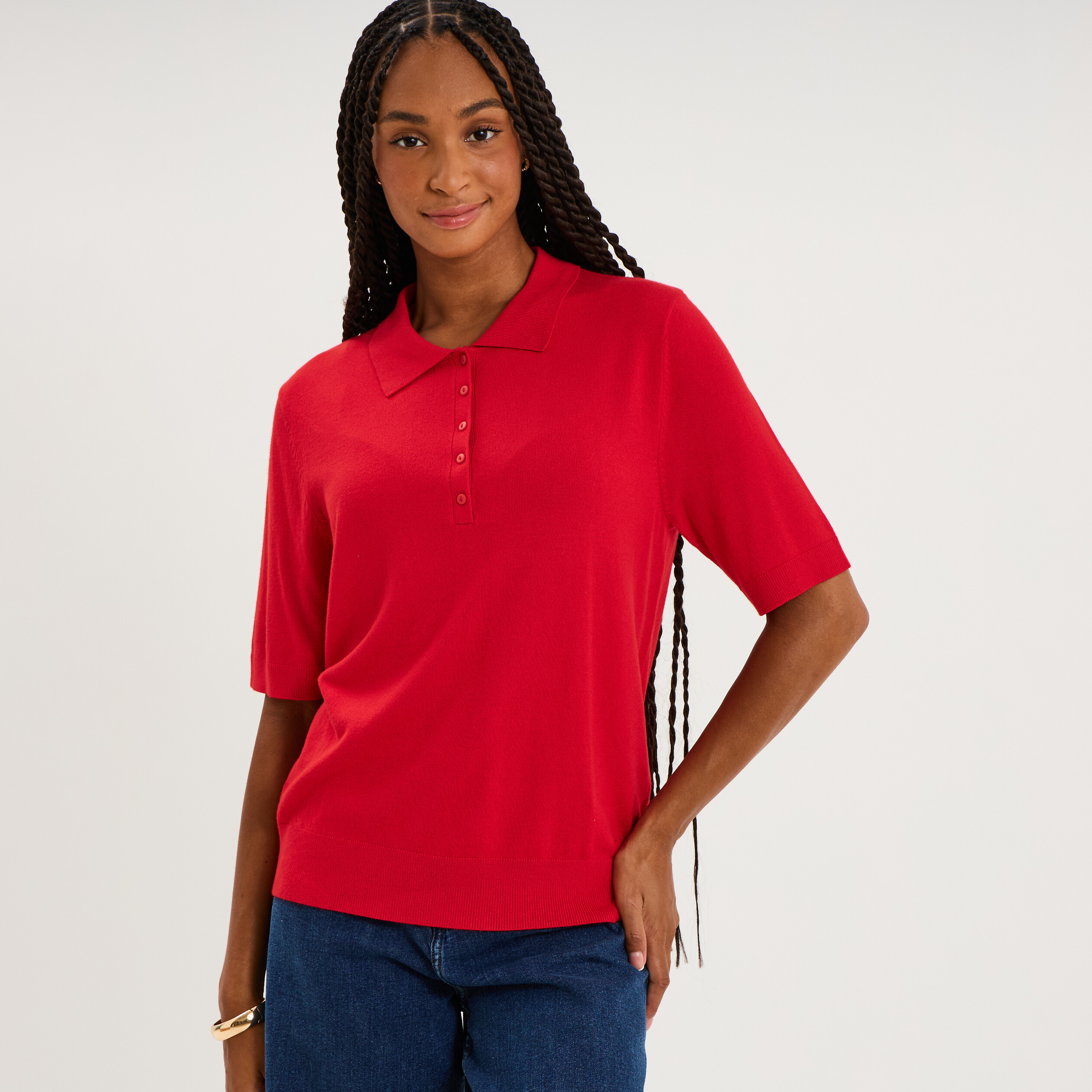 Pull col polo manches courtes rouge femme
