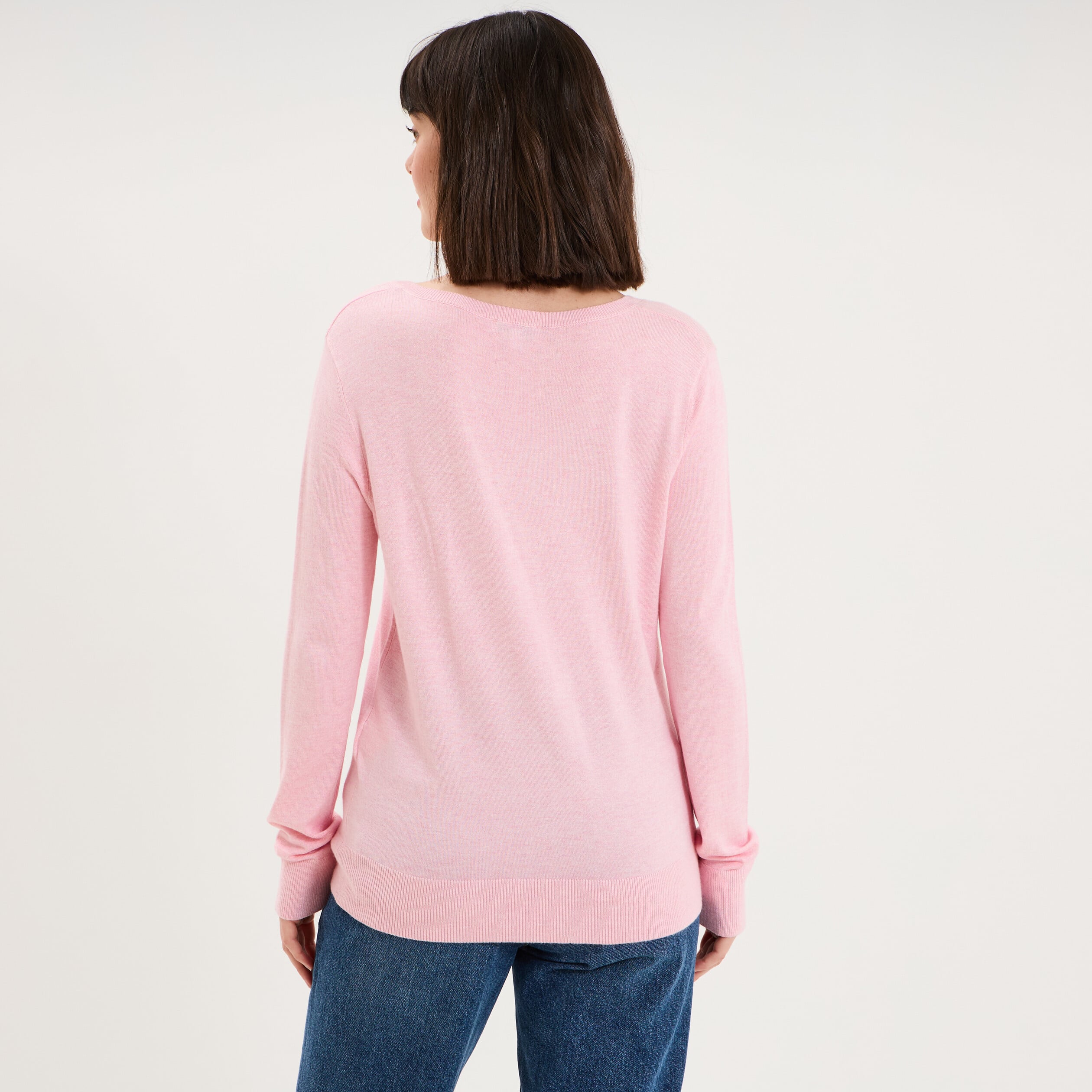 Pull col en V manches longues rose clair femme