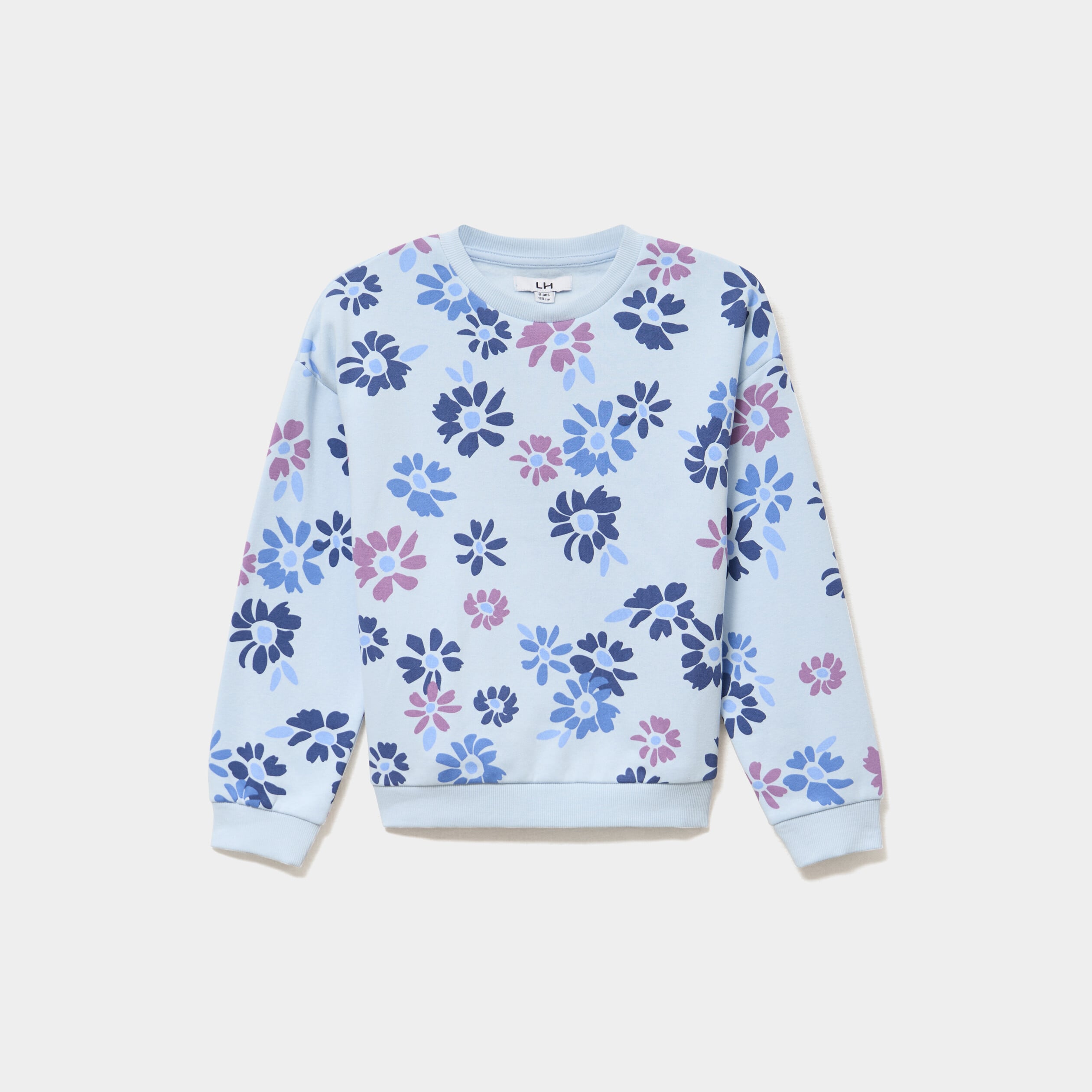 Sweat col rond manches longues bleu clair fille