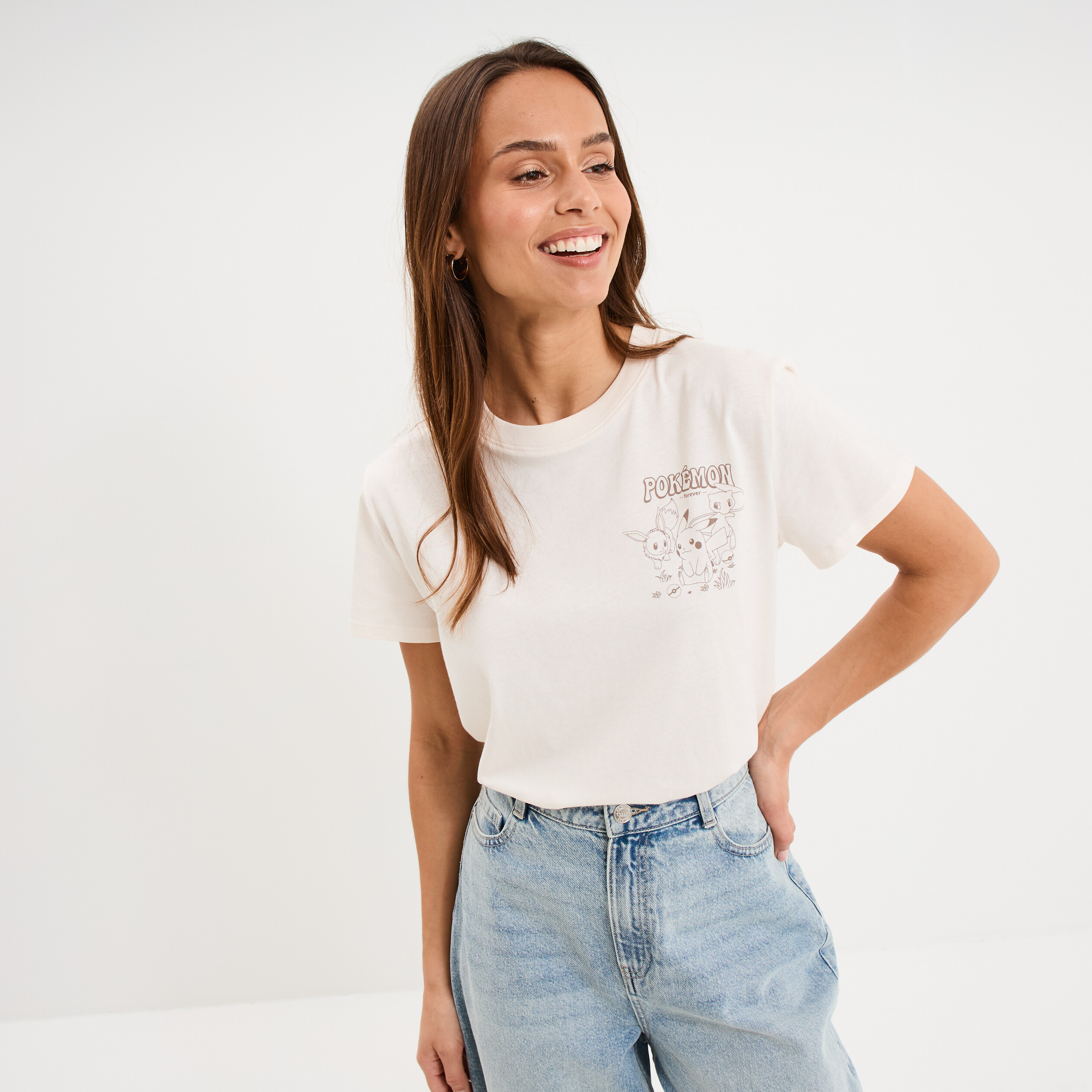 T-shirt manches courtes coton Pok&eacute;mon ivoire femme