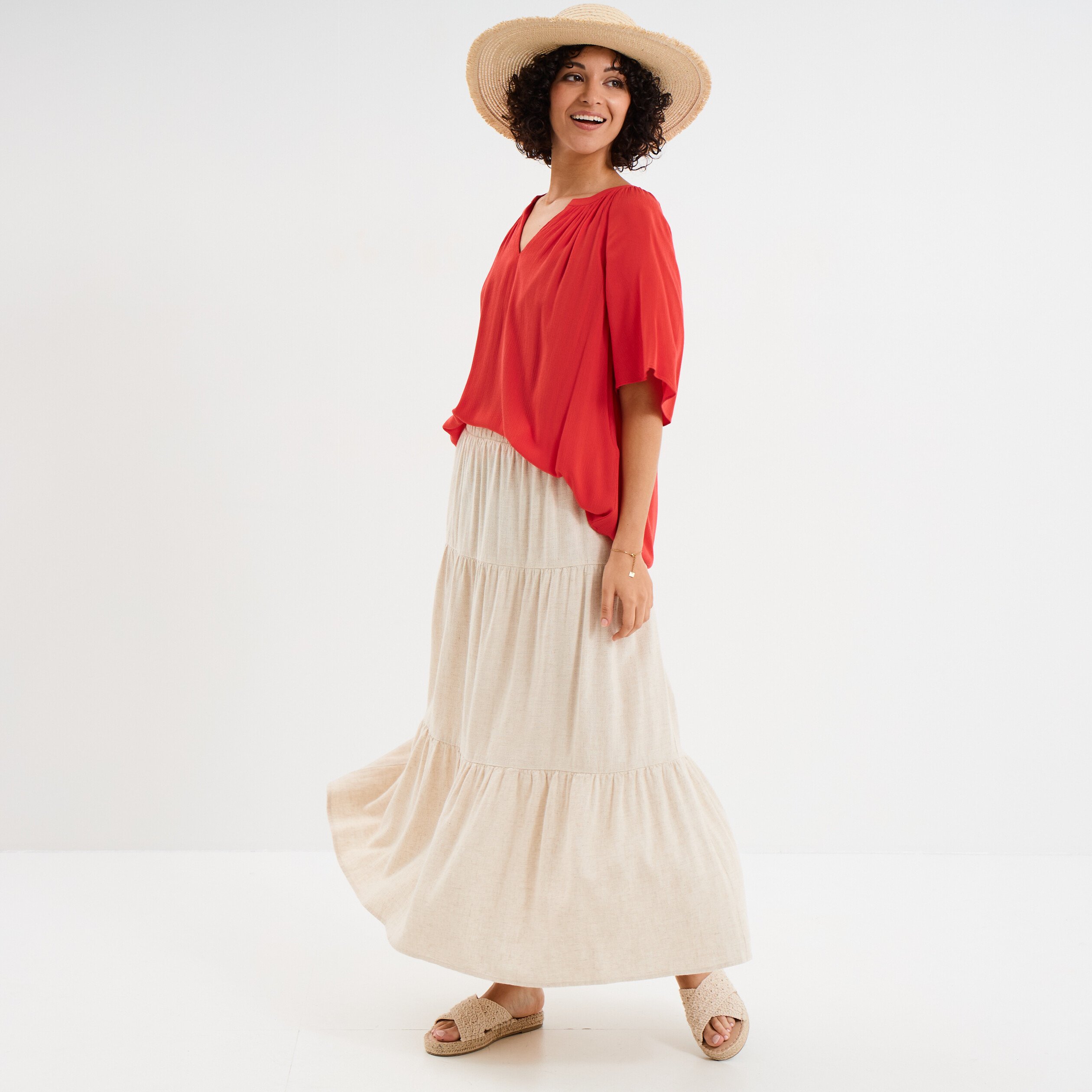 blouse manches papillons col tunisien rouge femme Blouse manches papillons col tunisien rouge femme